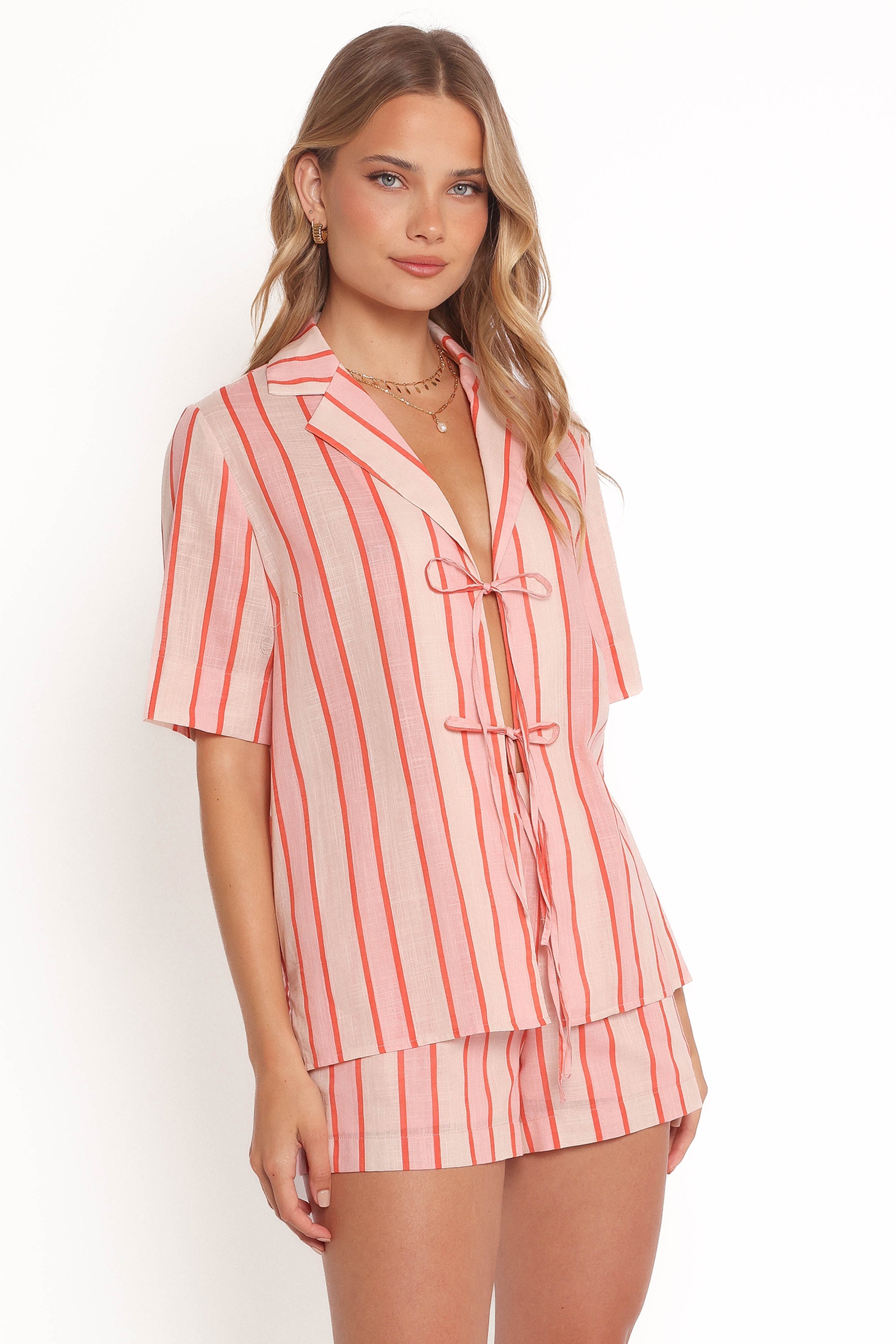Aaliyah Tie Front Top - Pink Stripe