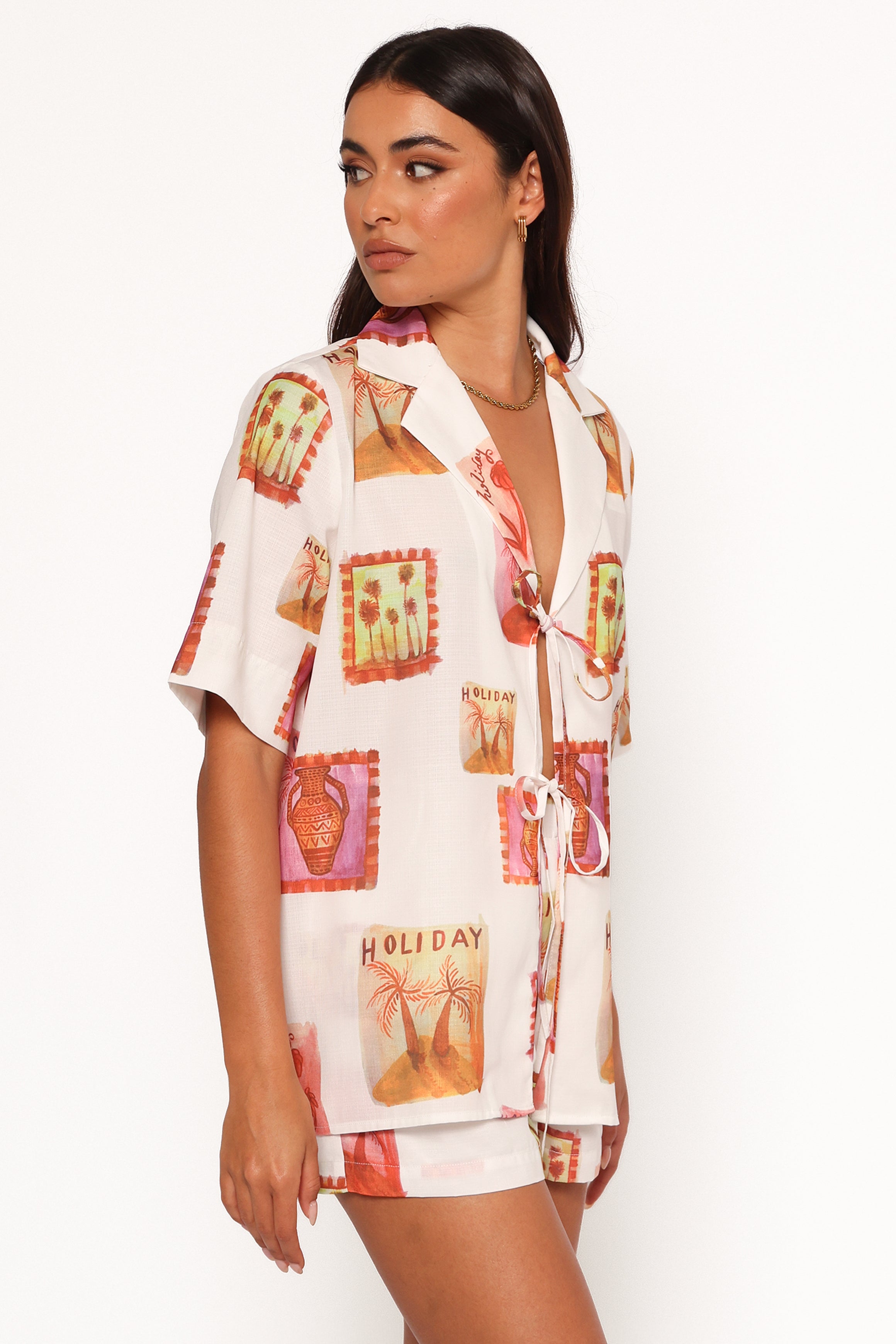 Aaliyah Tie Front Top - White Multi