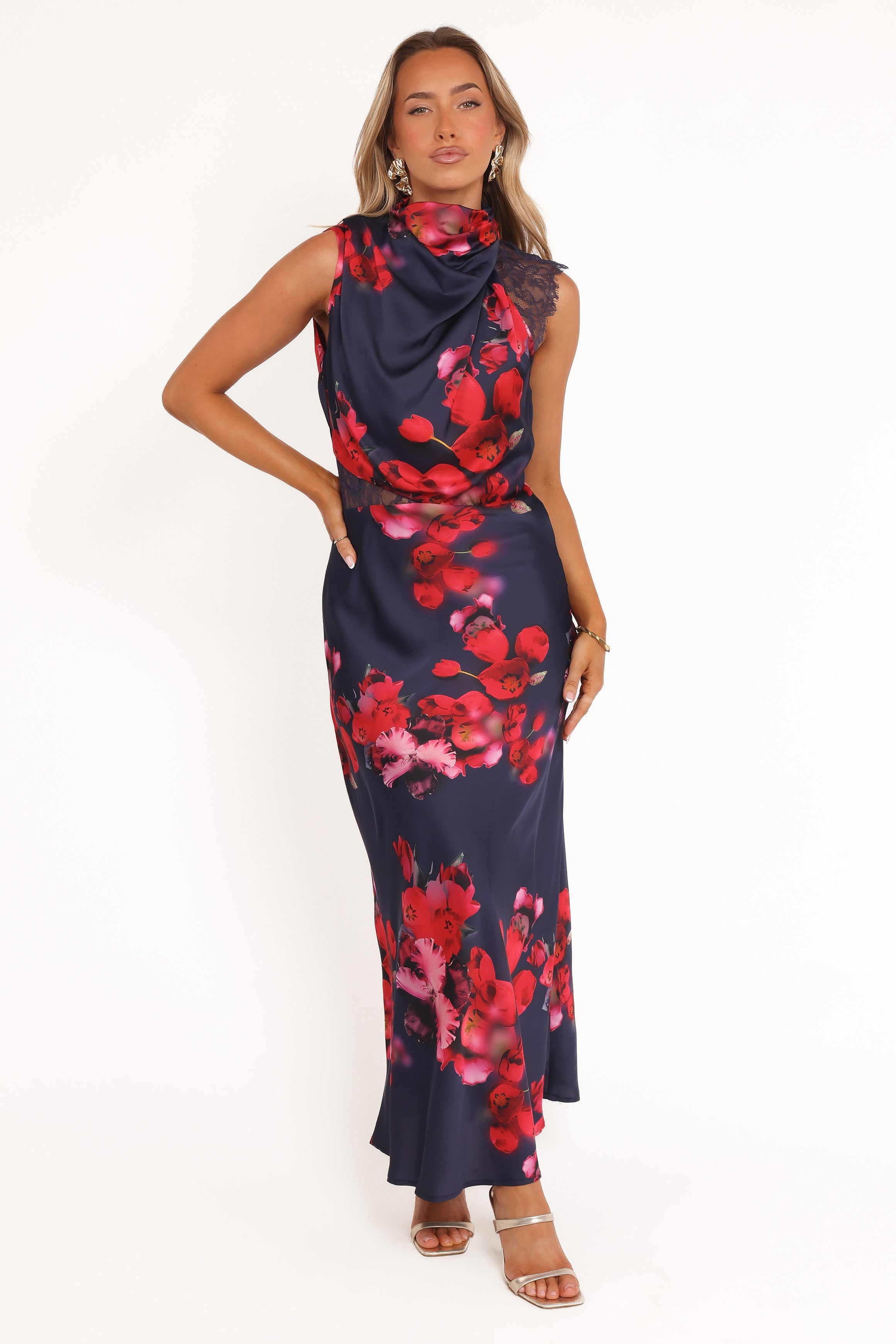 Anabelle Halter Neck Lace Maxi Dress - Navy Floral