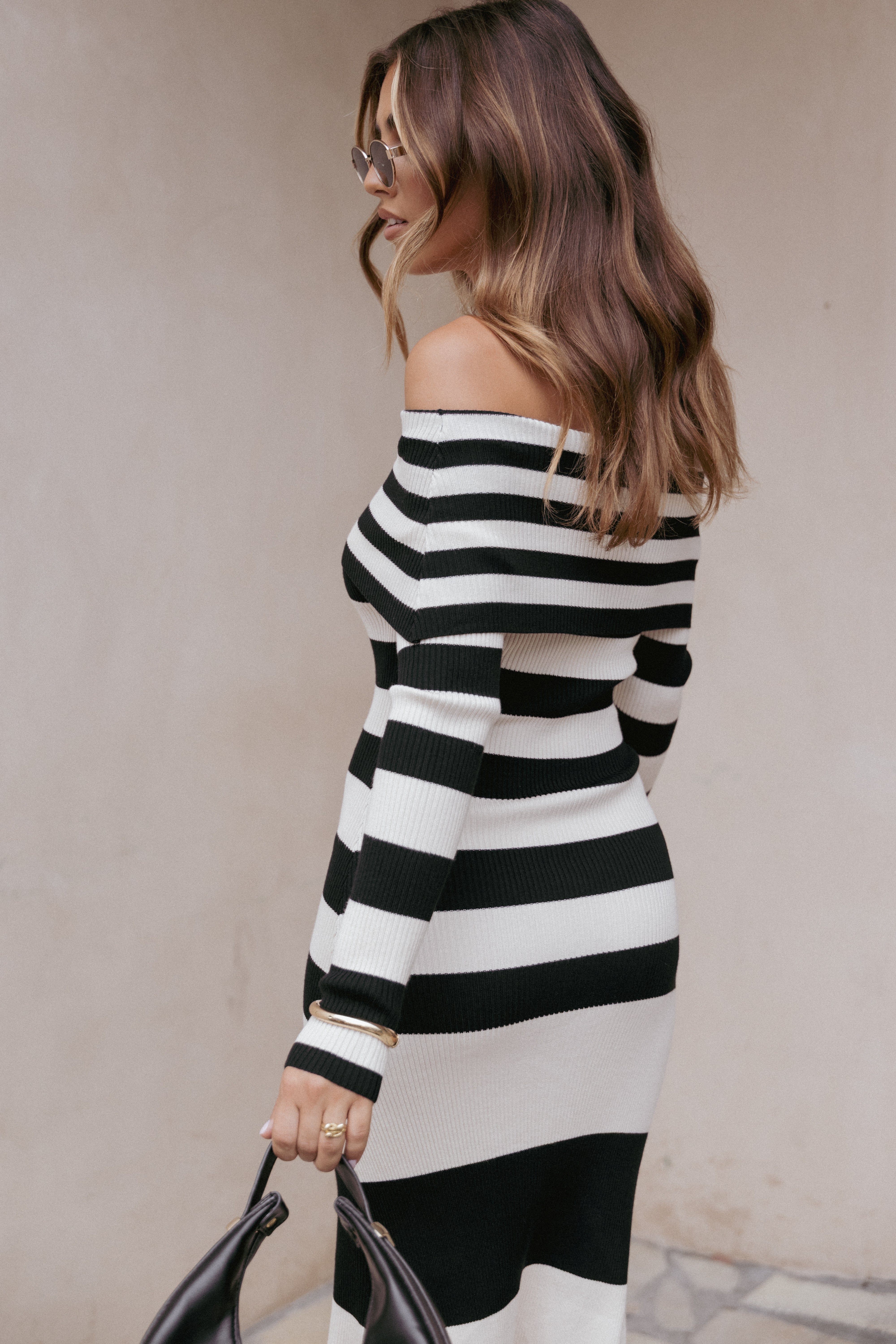 Banks Off Shoulder Knit Dress - Black Cream Stripe