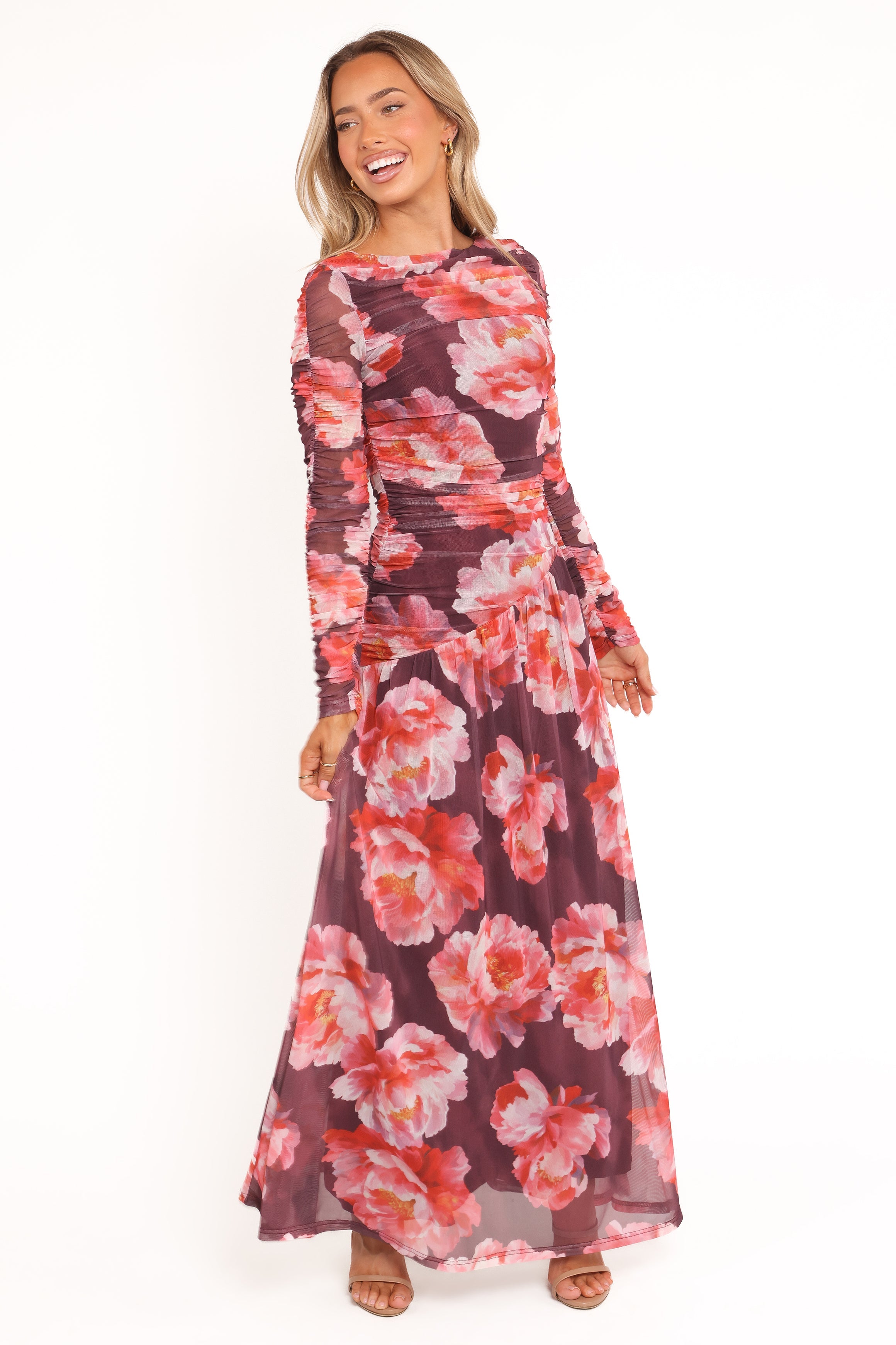 Calypso Long Sleeve Maxi Dress - Burgundy Peony