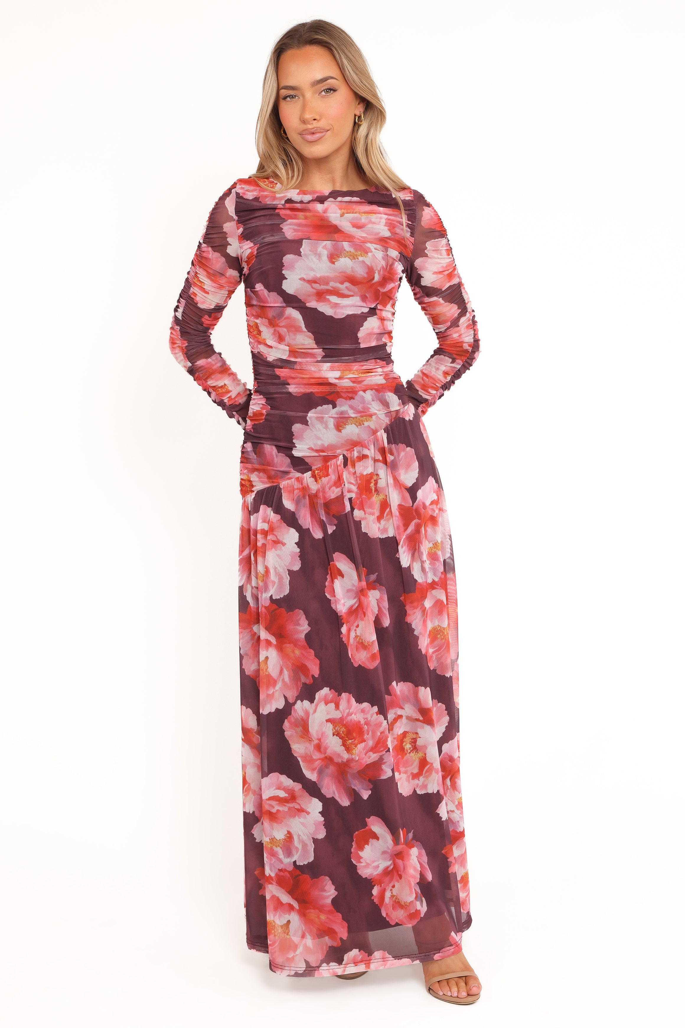 Calypso Long Sleeve Maxi Dress - Burgundy Peony