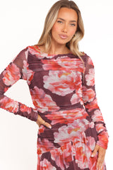 Calypso Long Sleeve Maxi Dress - Burgundy Peony