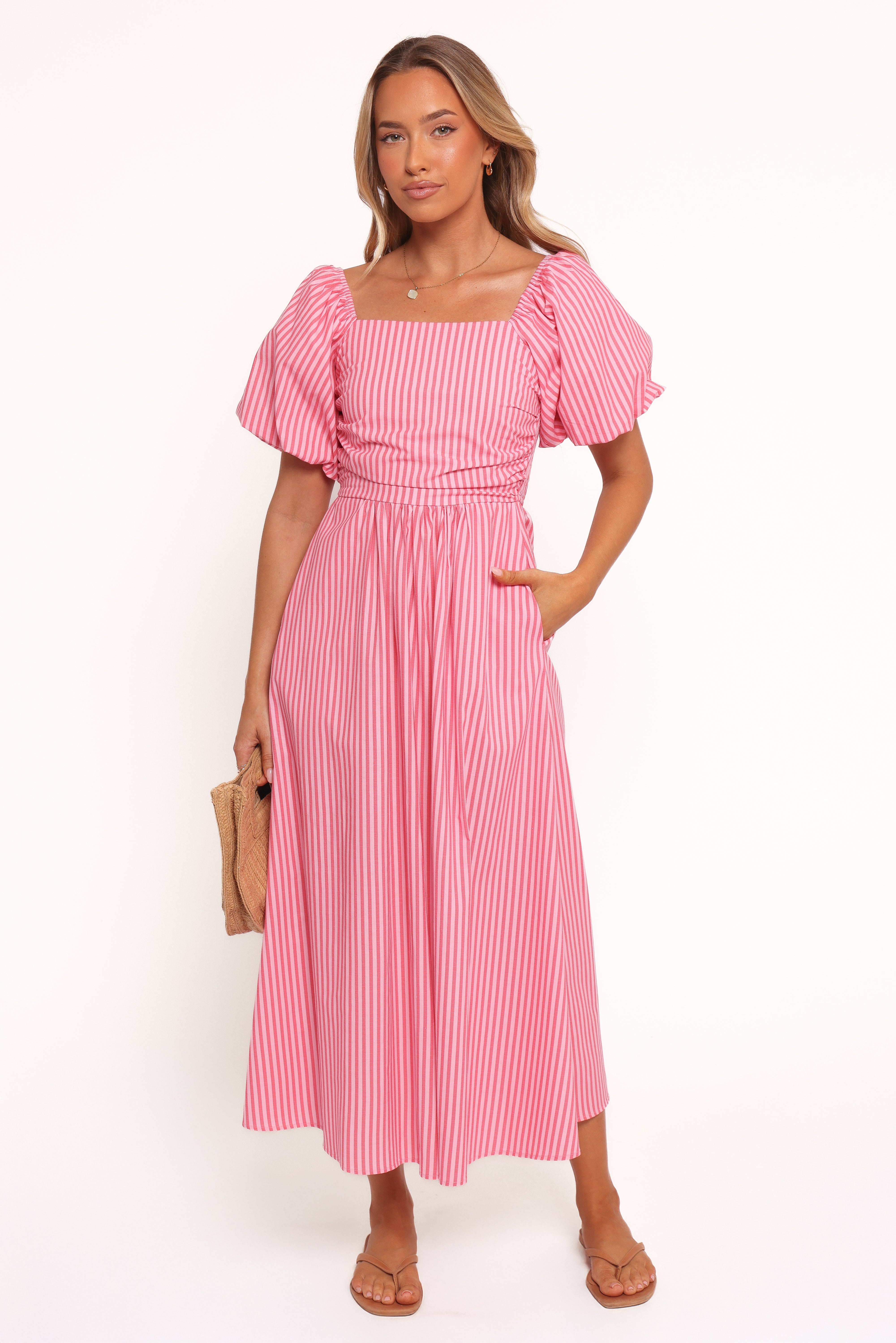 Chlo Puff Sleeve Midi Dress - Red Stripe
