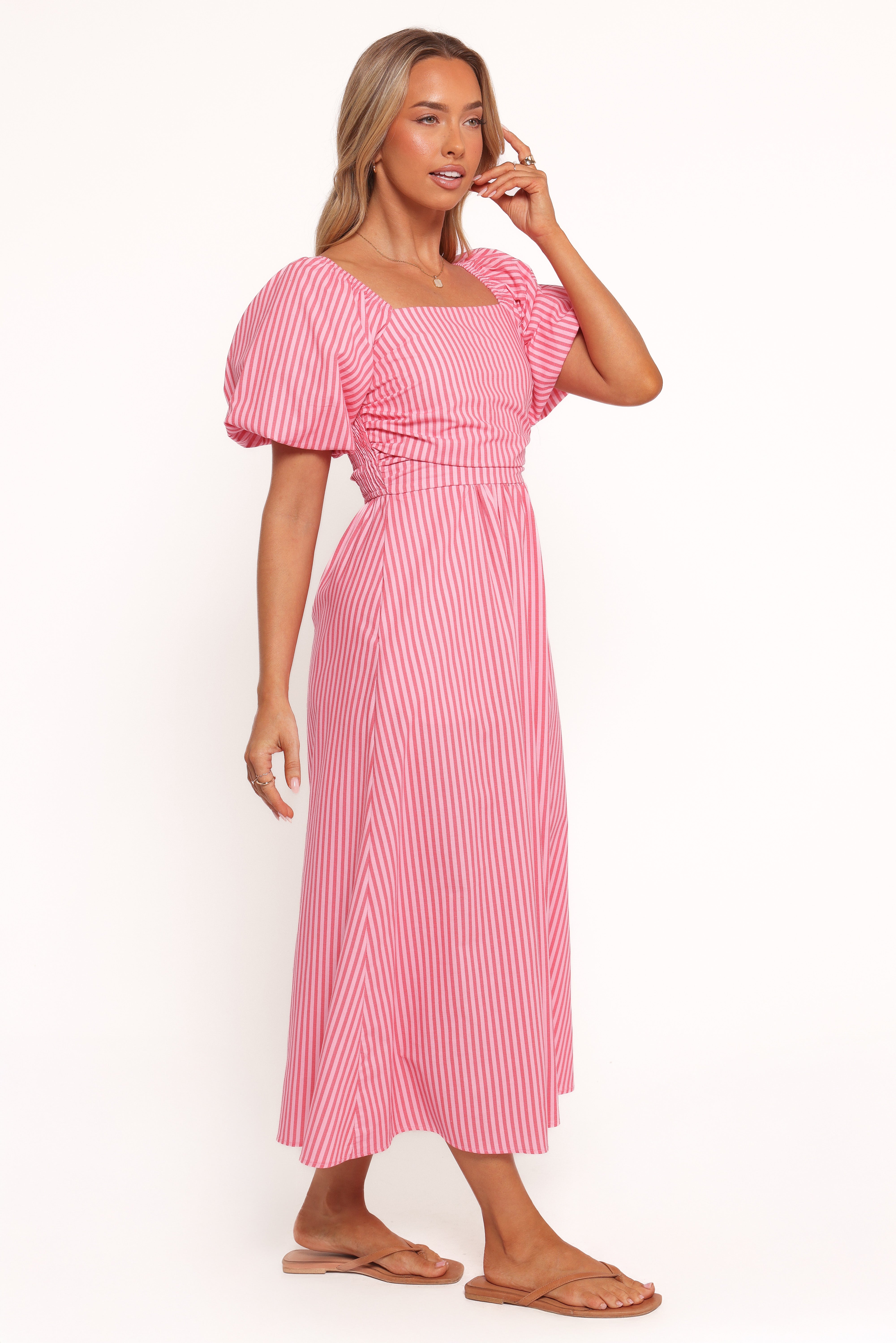 Chlo Puff Sleeve Midi Dress - Red Stripe