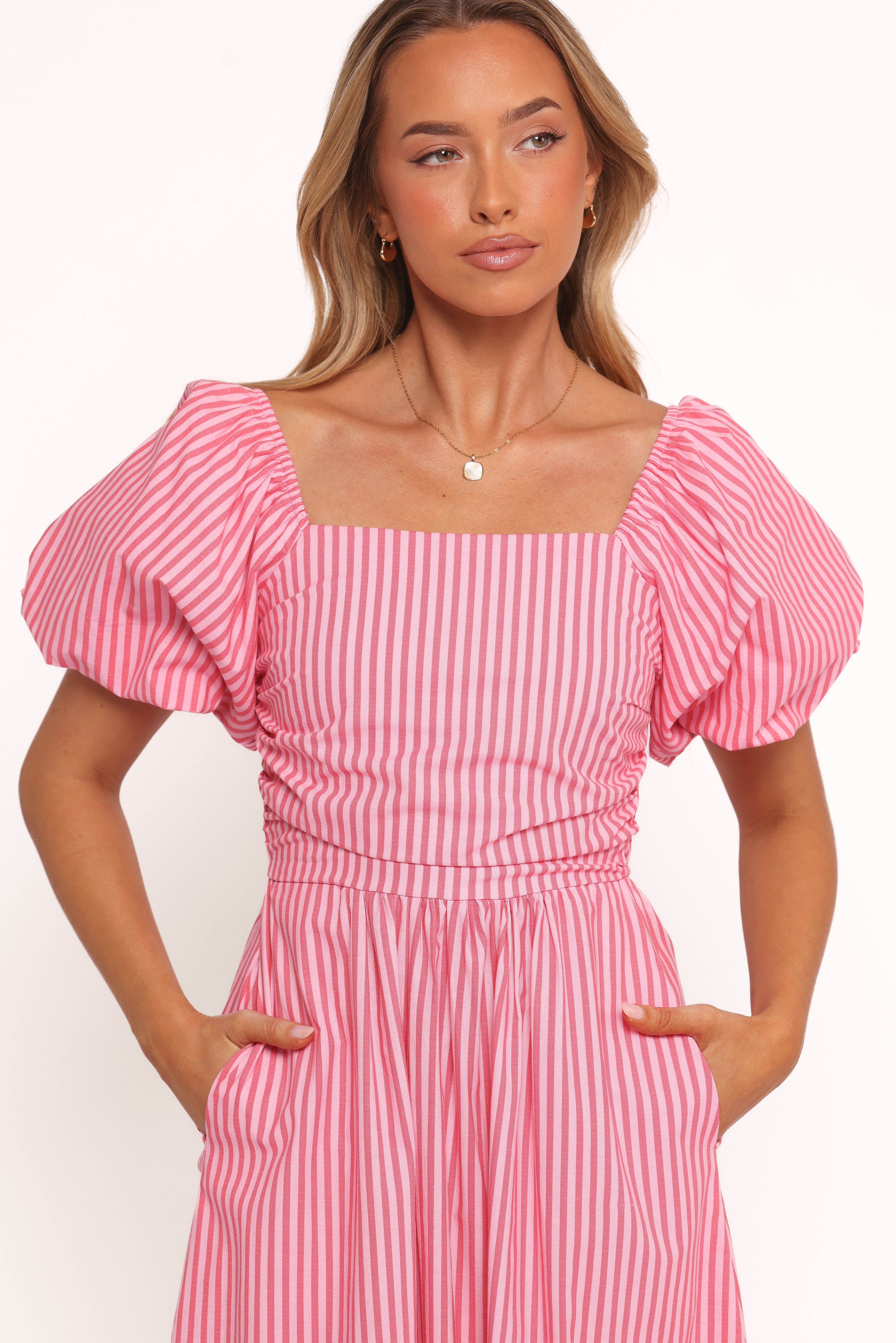 Chlo Puff Sleeve Midi Dress - Red Stripe