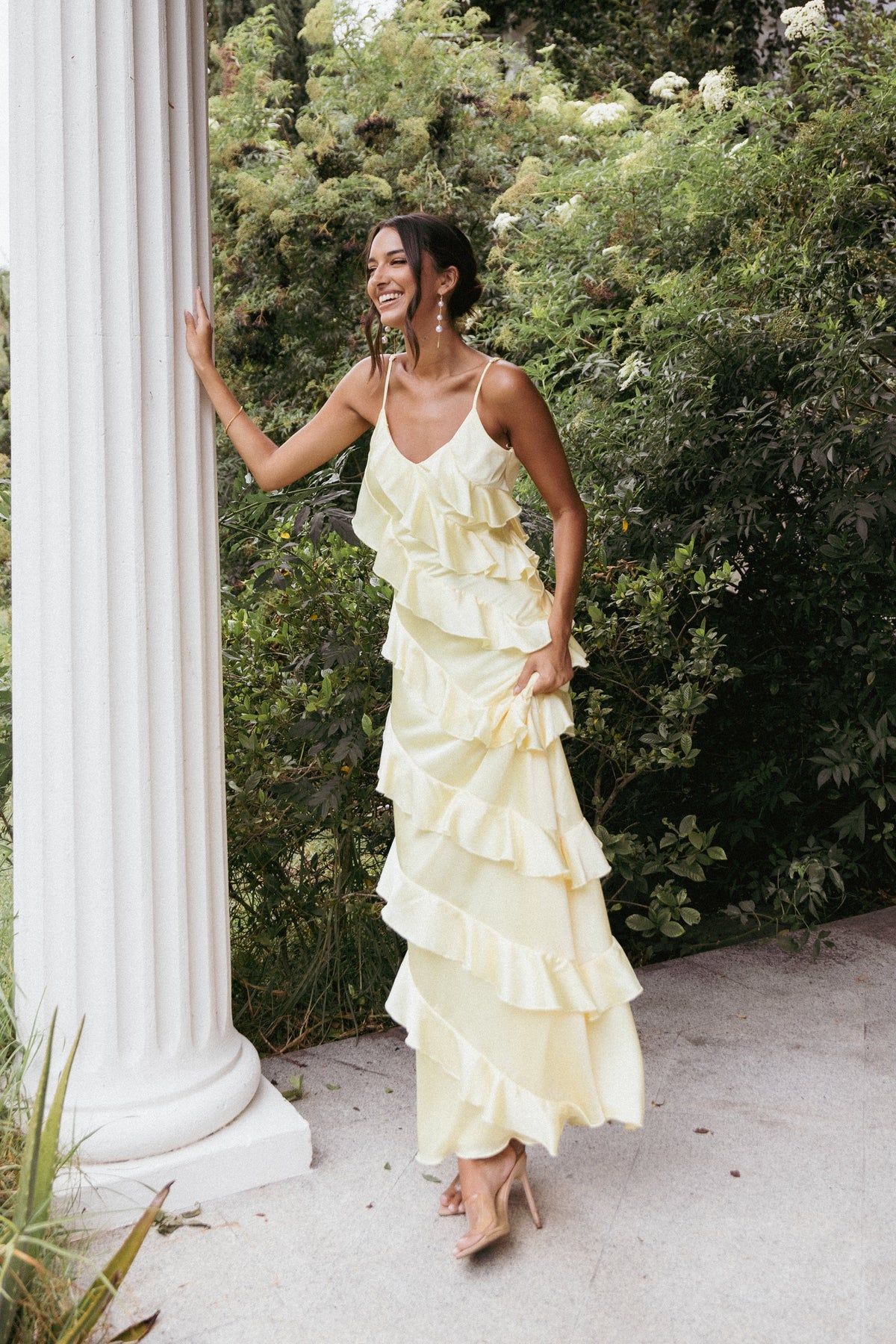 Ciao Ruffles Maxi Satin Dress - Pale Yellow