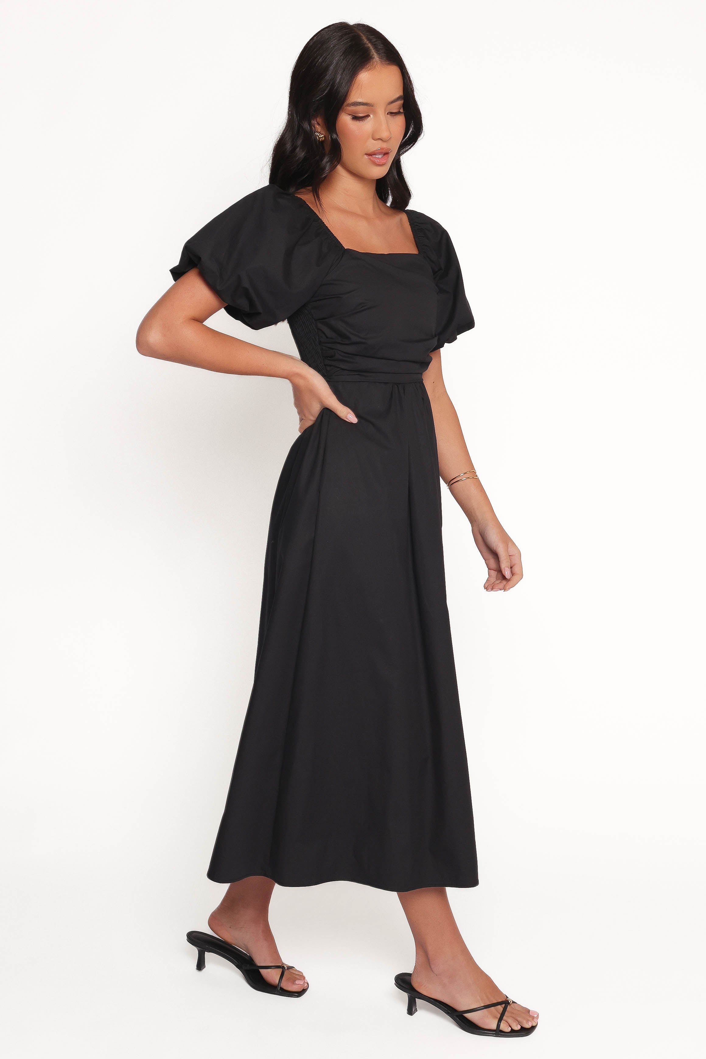 Clo Puff Sleeve Midi Dress - Black