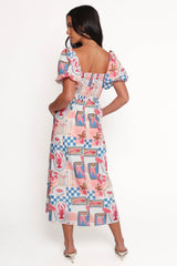 Clo Puff Sleeve Midi Dress - Pink Blue
