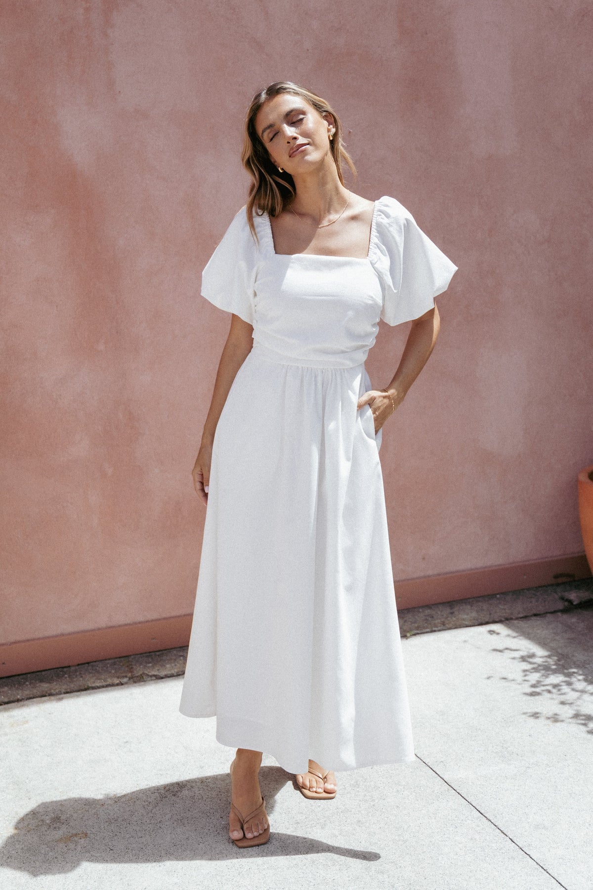 Clo Puff Sleeve Midi Dress - White