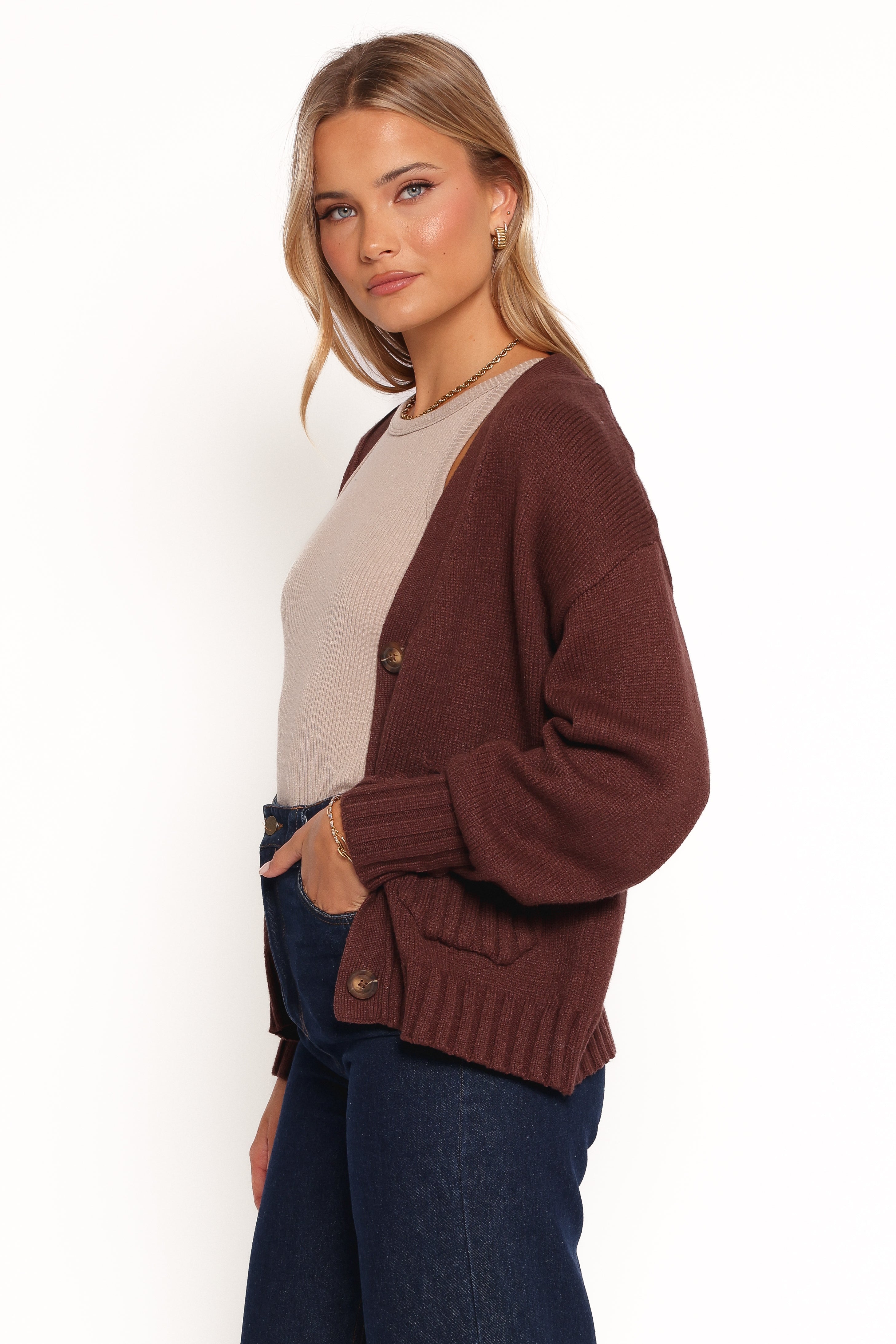 Eden Button Front Cardigan - Brown