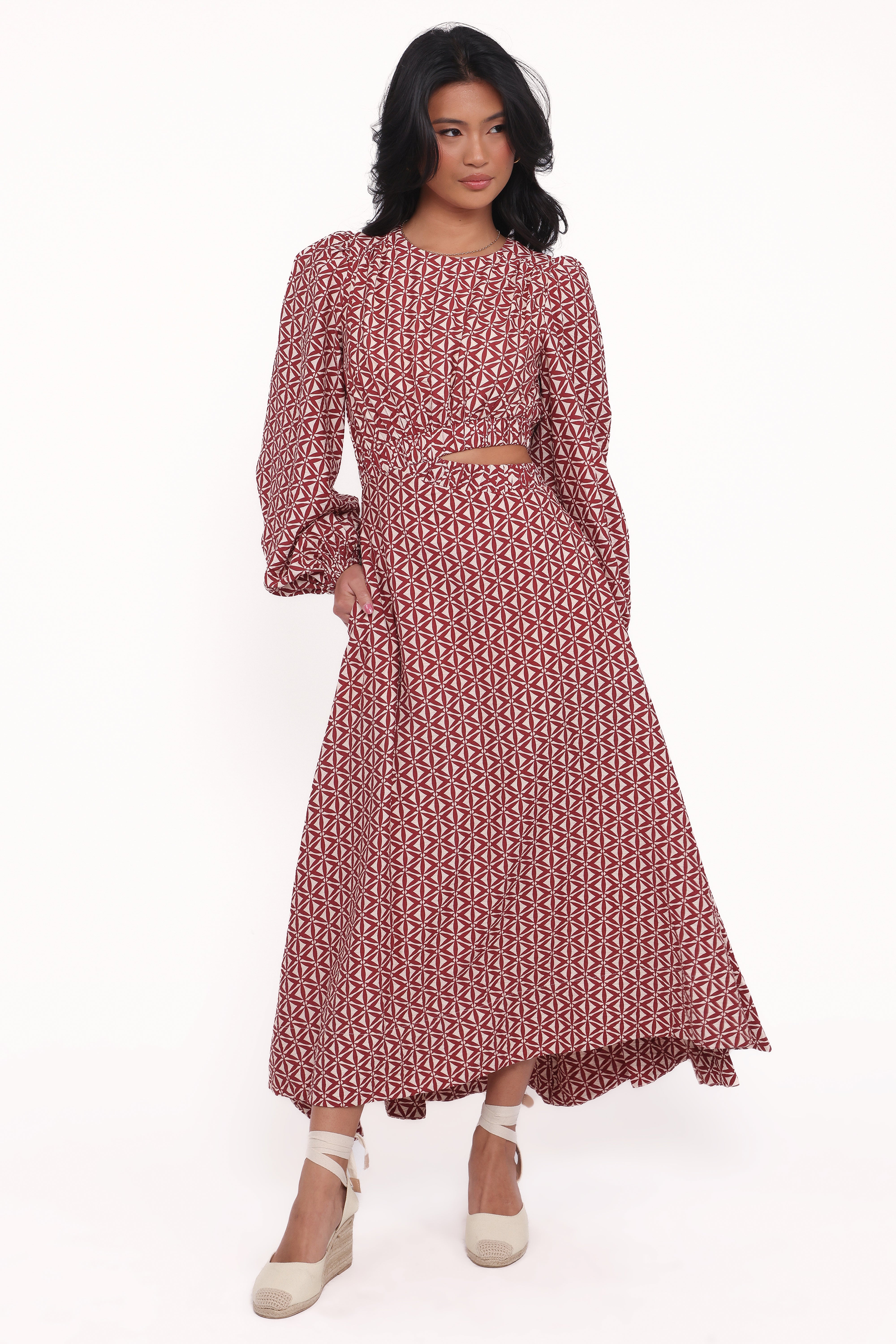 Ginnee Puff Sleeve Cutout Midi Dress - Brown Geo