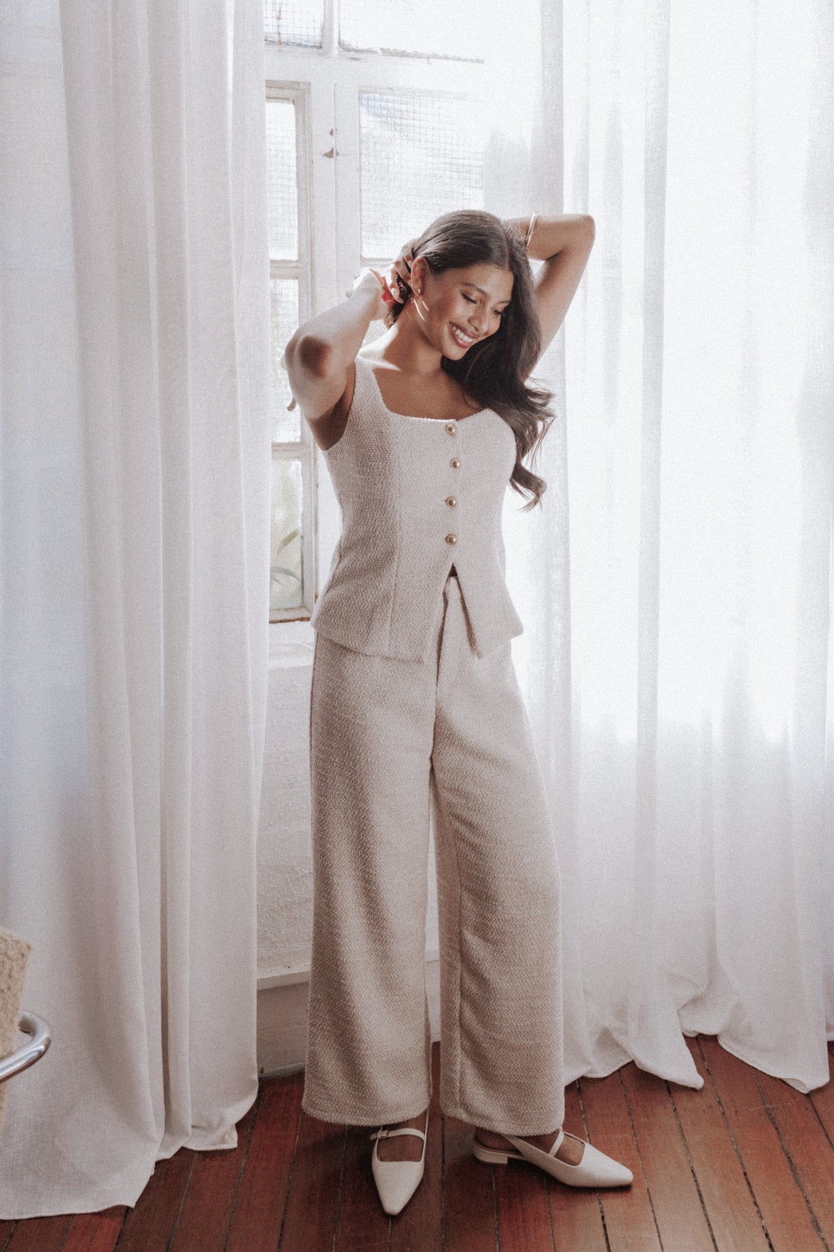 Greta Tailored Pant Set - White Brown Marl