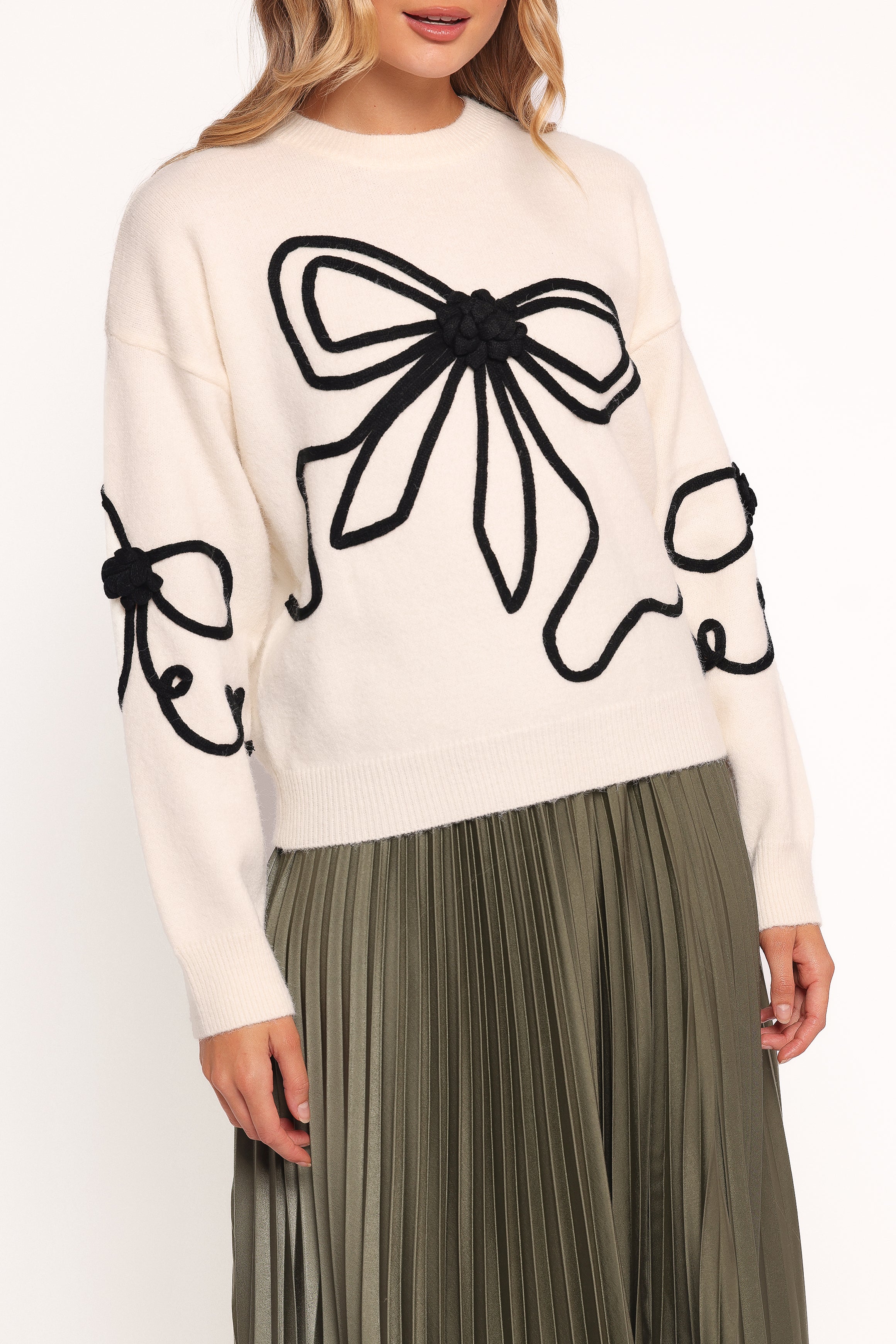 Isiora Bow Embroidered Knit Sweater - Cream