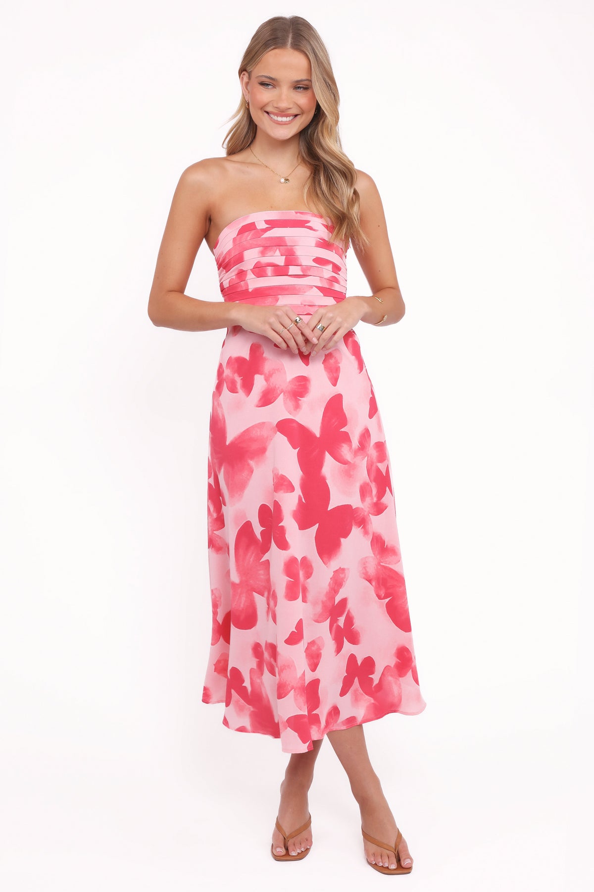 Kenna Strapless Midi Dress - Butterfly Print