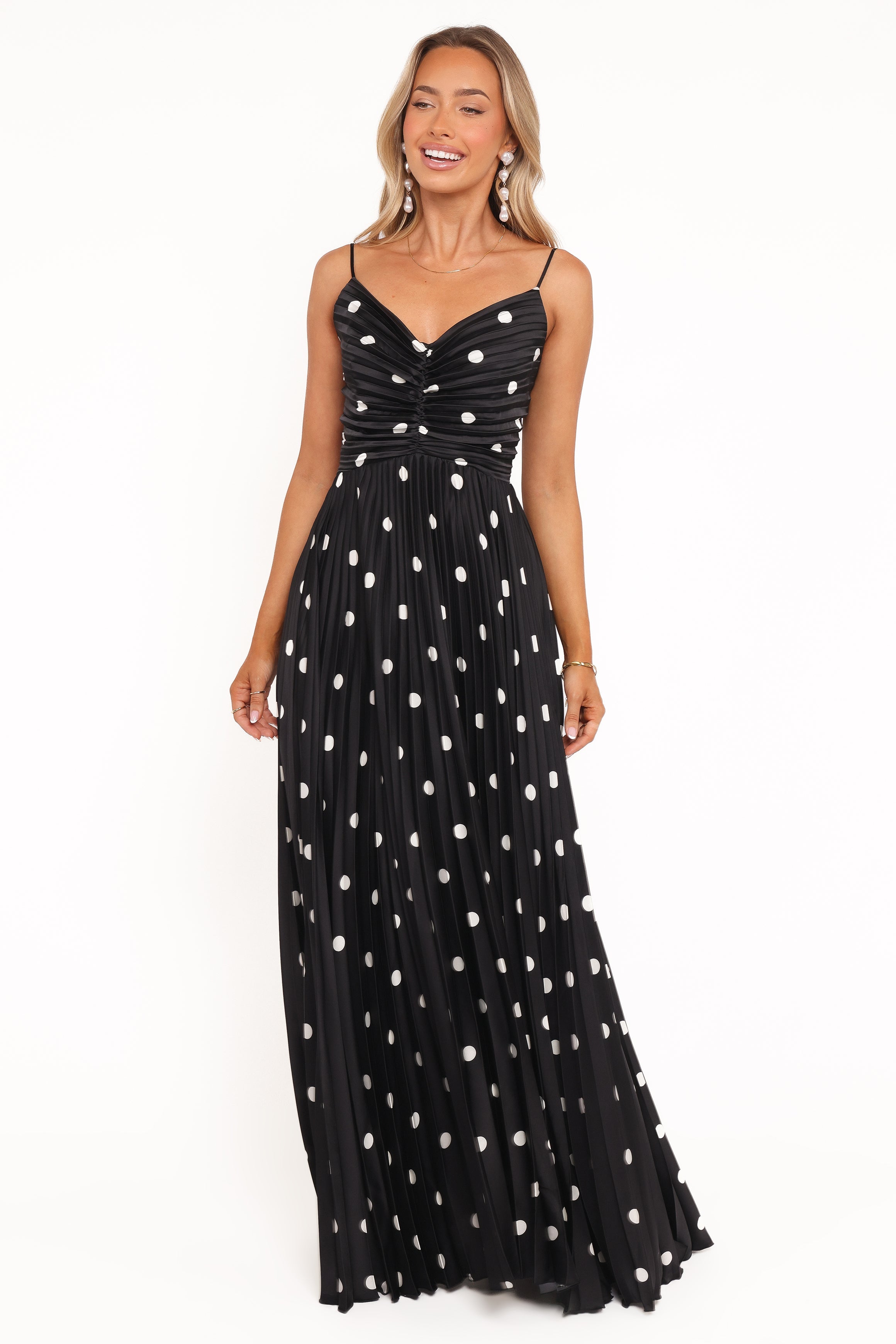 Naira Pleated Maxi Dress - Black Polka Dot