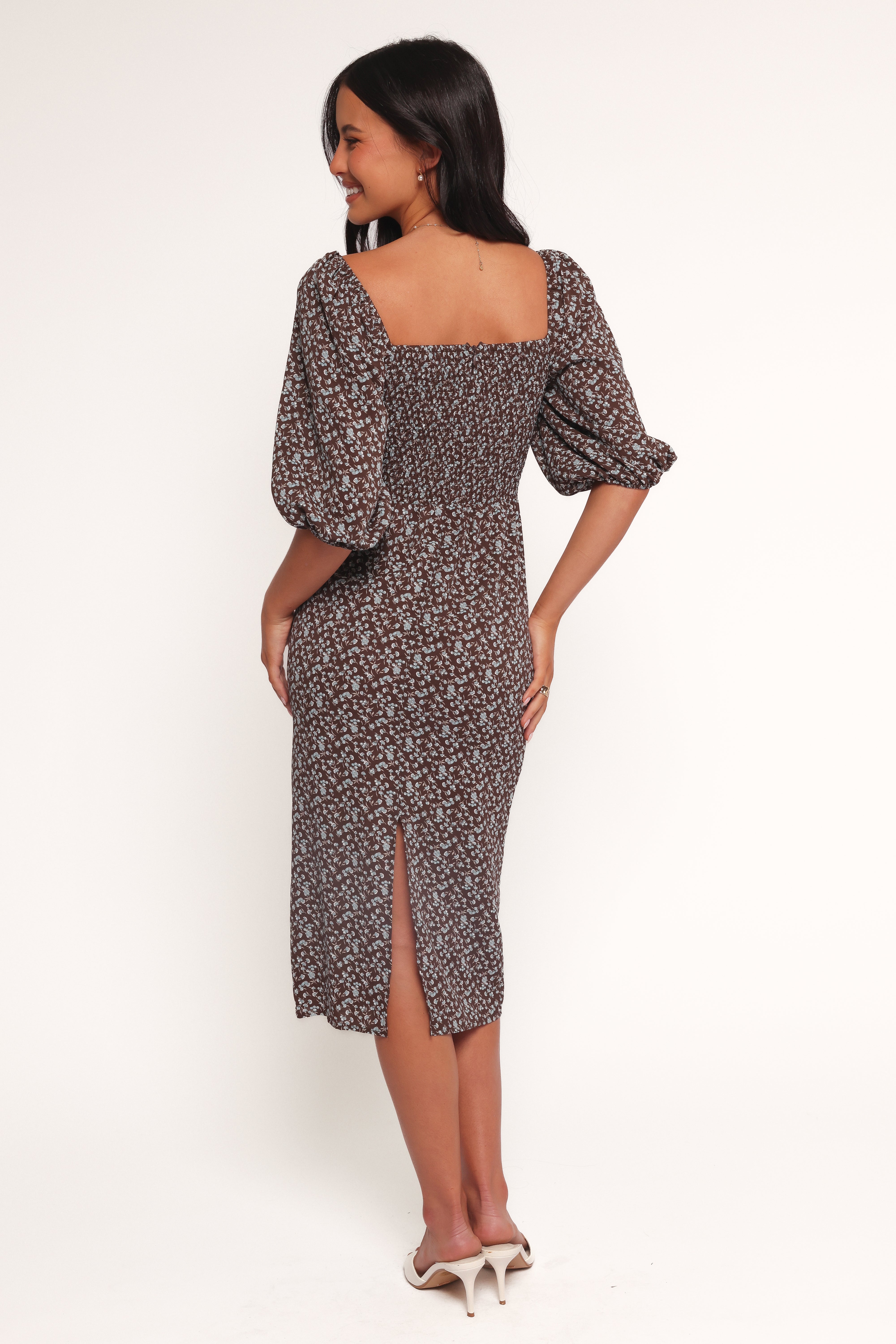 Oona Midi Dress - Brown Blue Floral