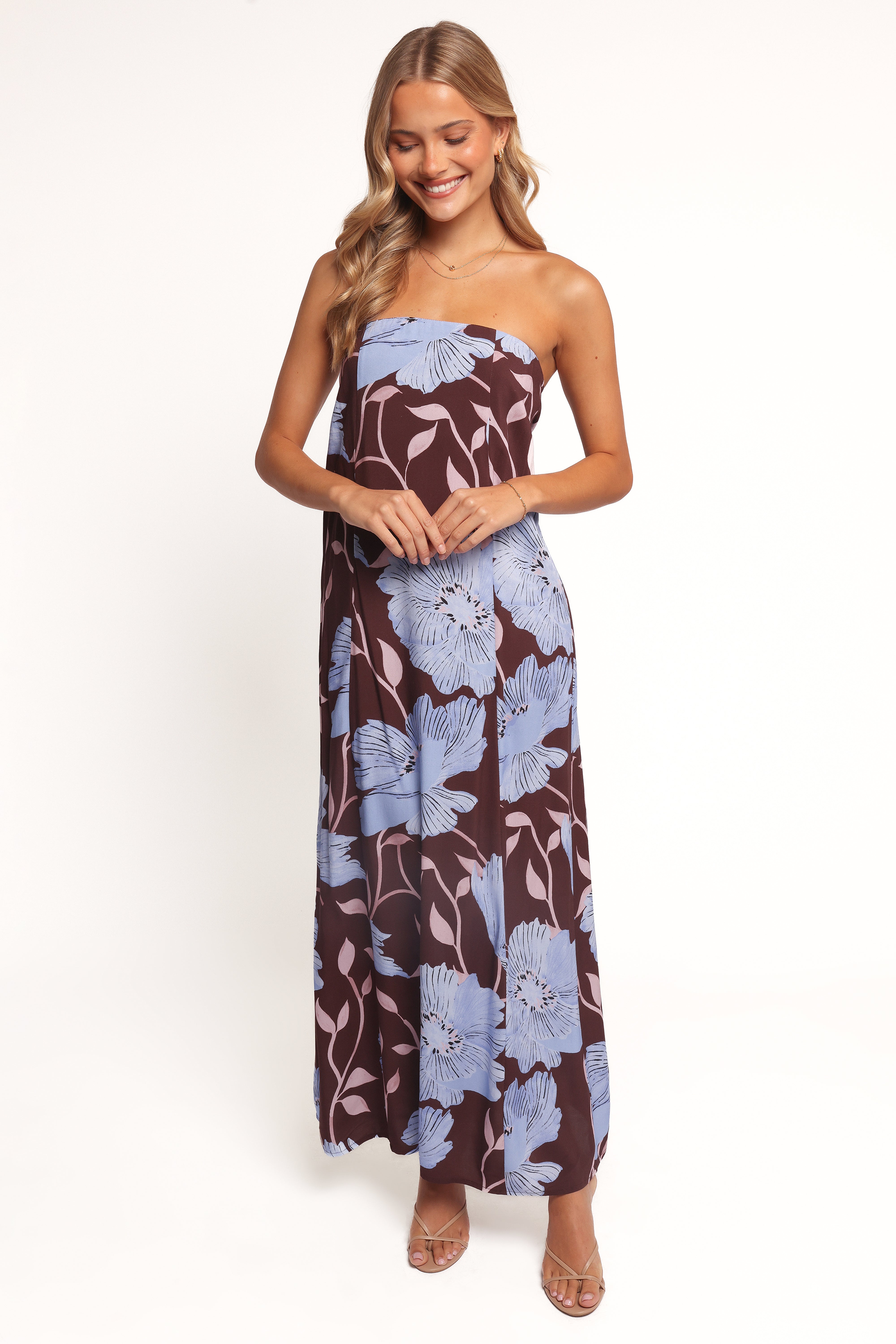 Ottavia Strapless Maxi Dress - Blue Poppies