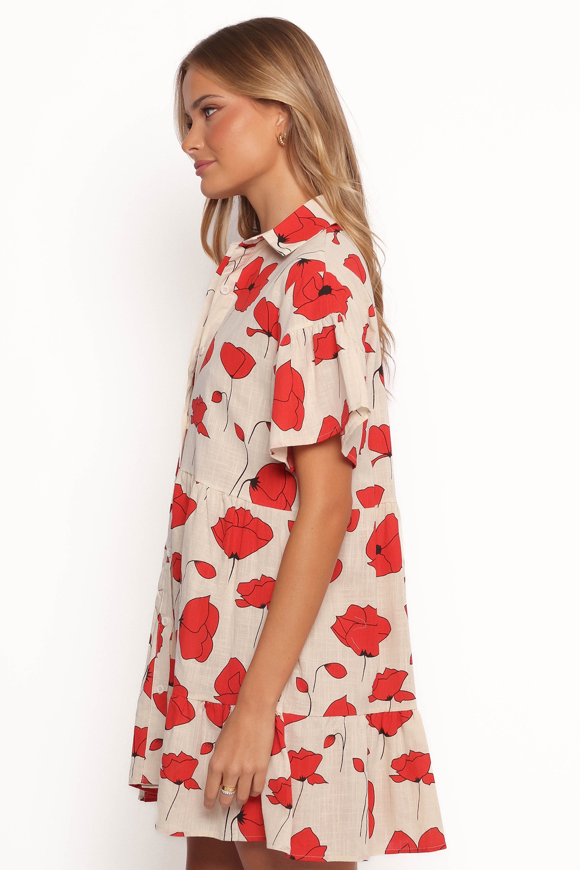 Peachy Mini Linen Dress - Red Poppy Print