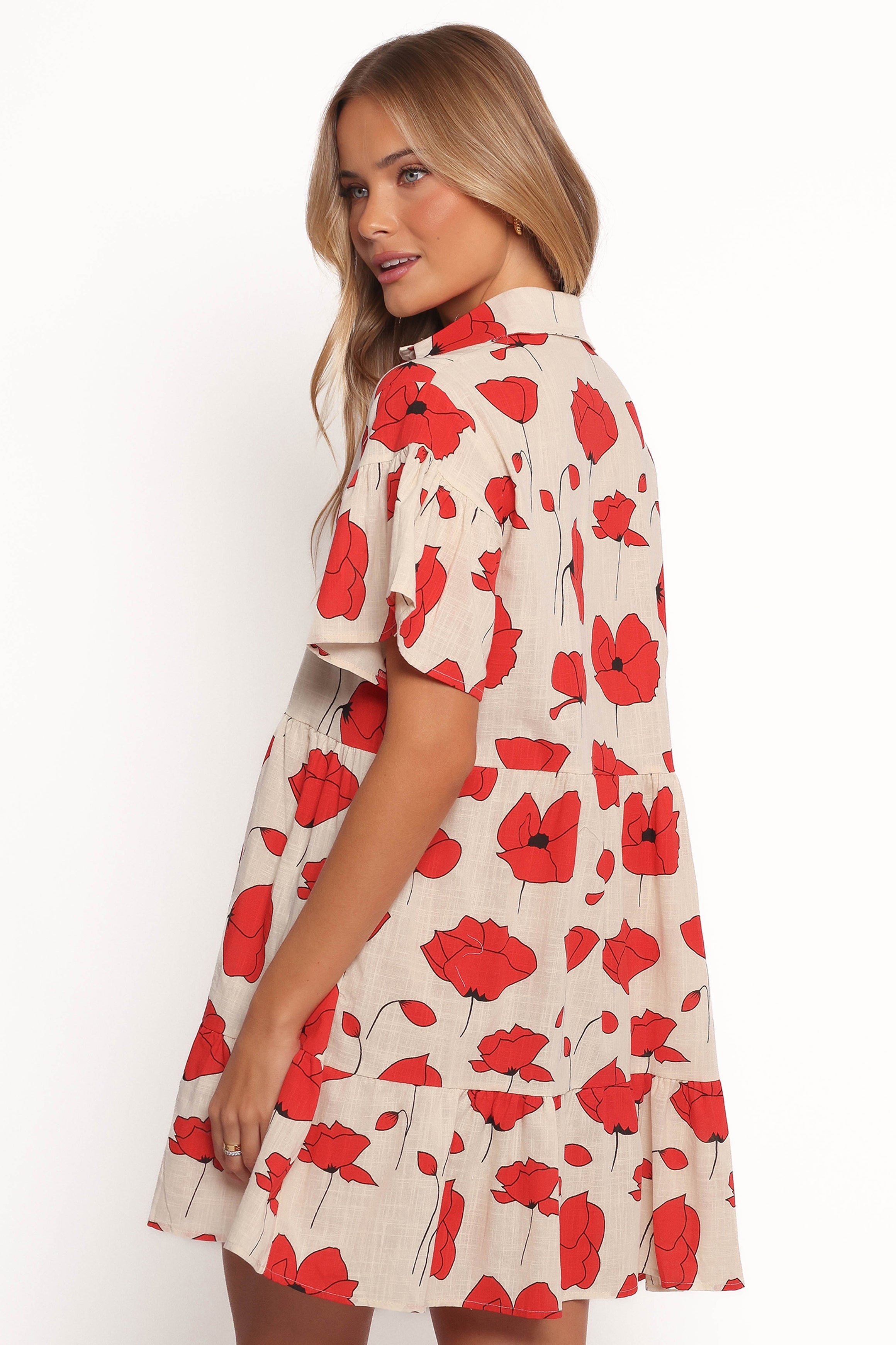 Peachy Mini Linen Dress - Red Poppy Print
