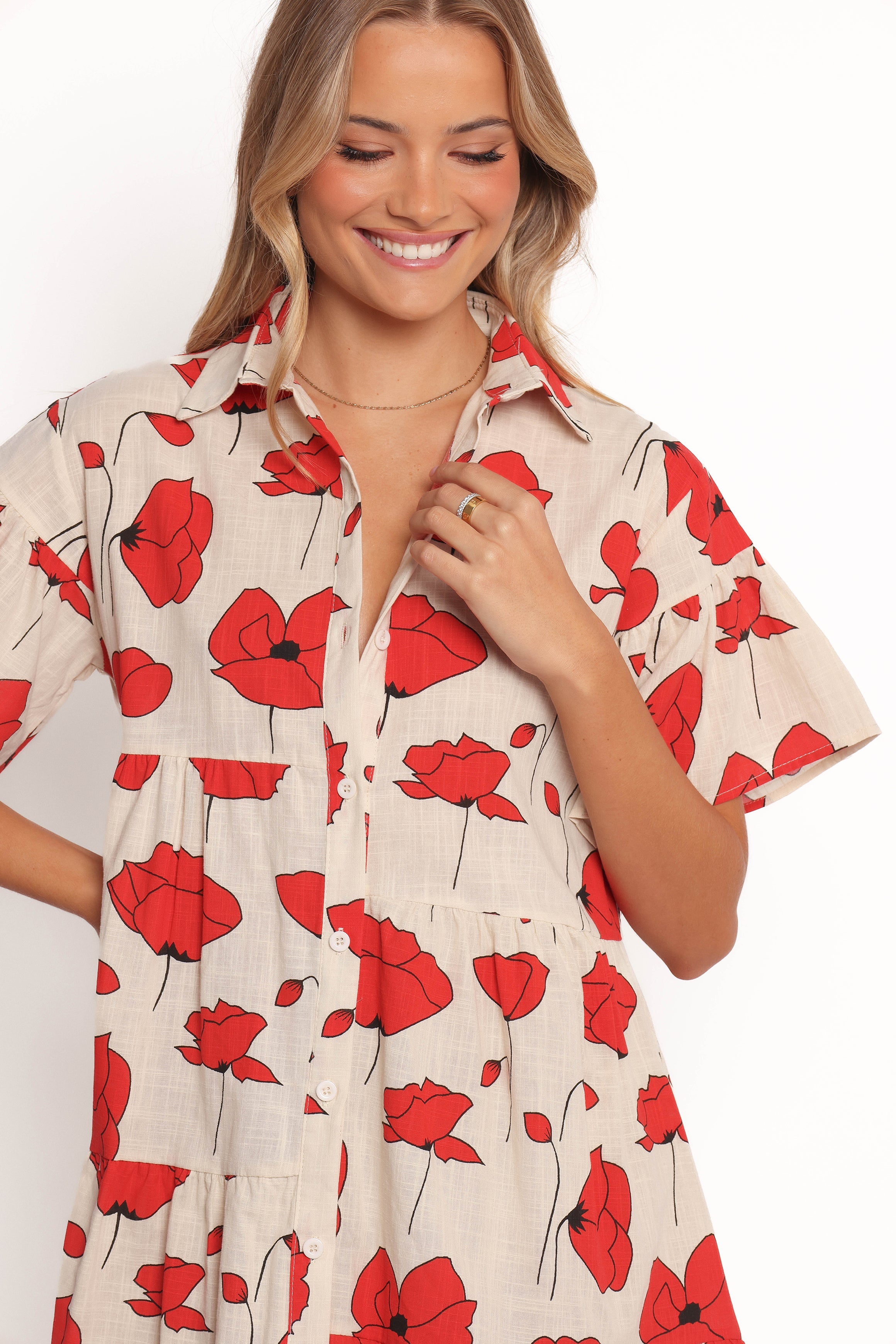 Peachy Mini Linen Dress - Red Poppy Print