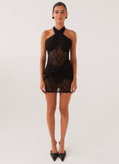 Santana Crossover Lace Mini Dress - Black