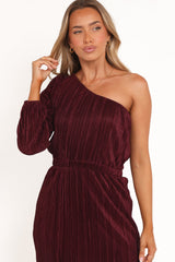Pontee One Shoulder Pleated Midi Dress - Burgundy