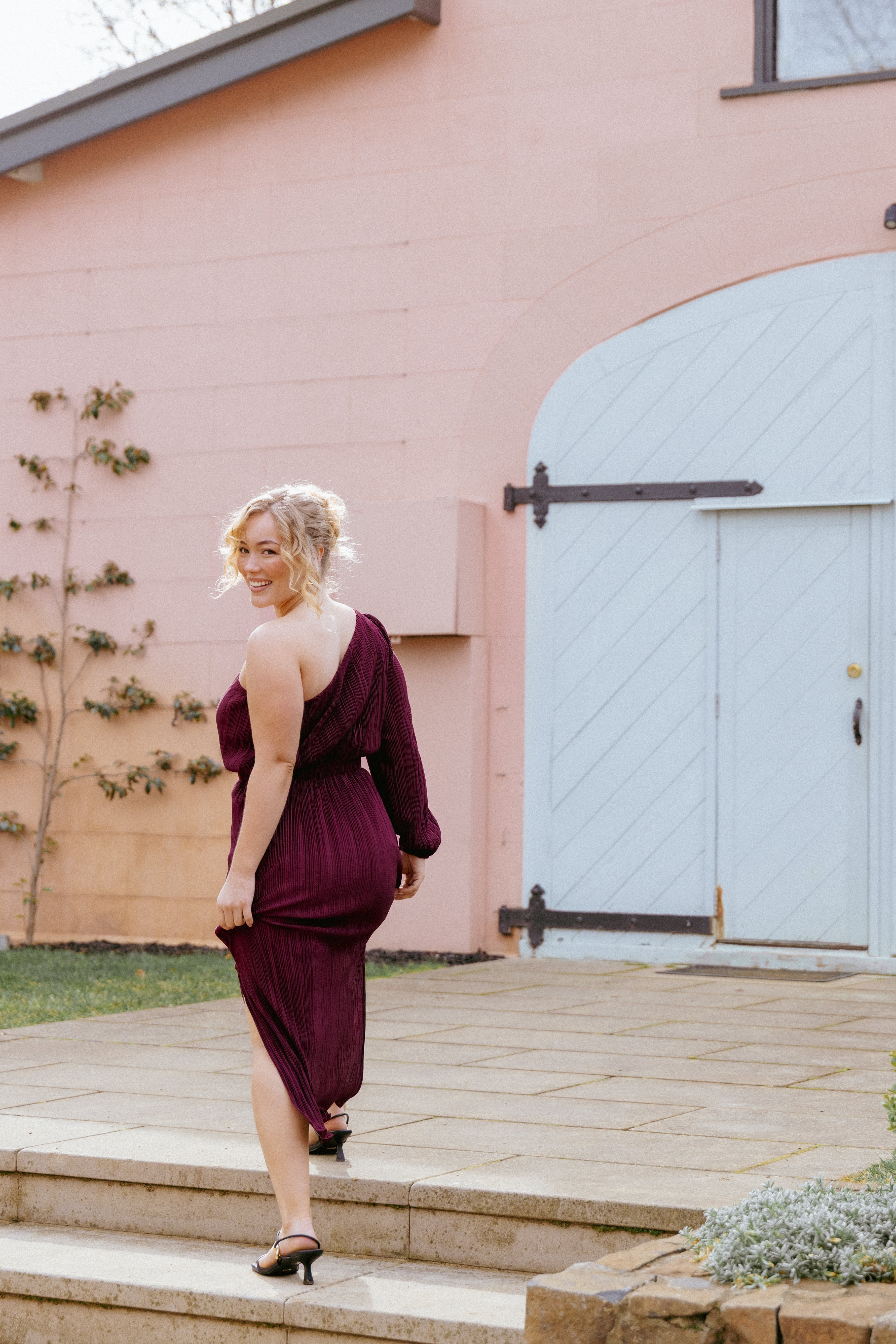 Pontee One Shoulder Pleated Midi Dress - Burgundy