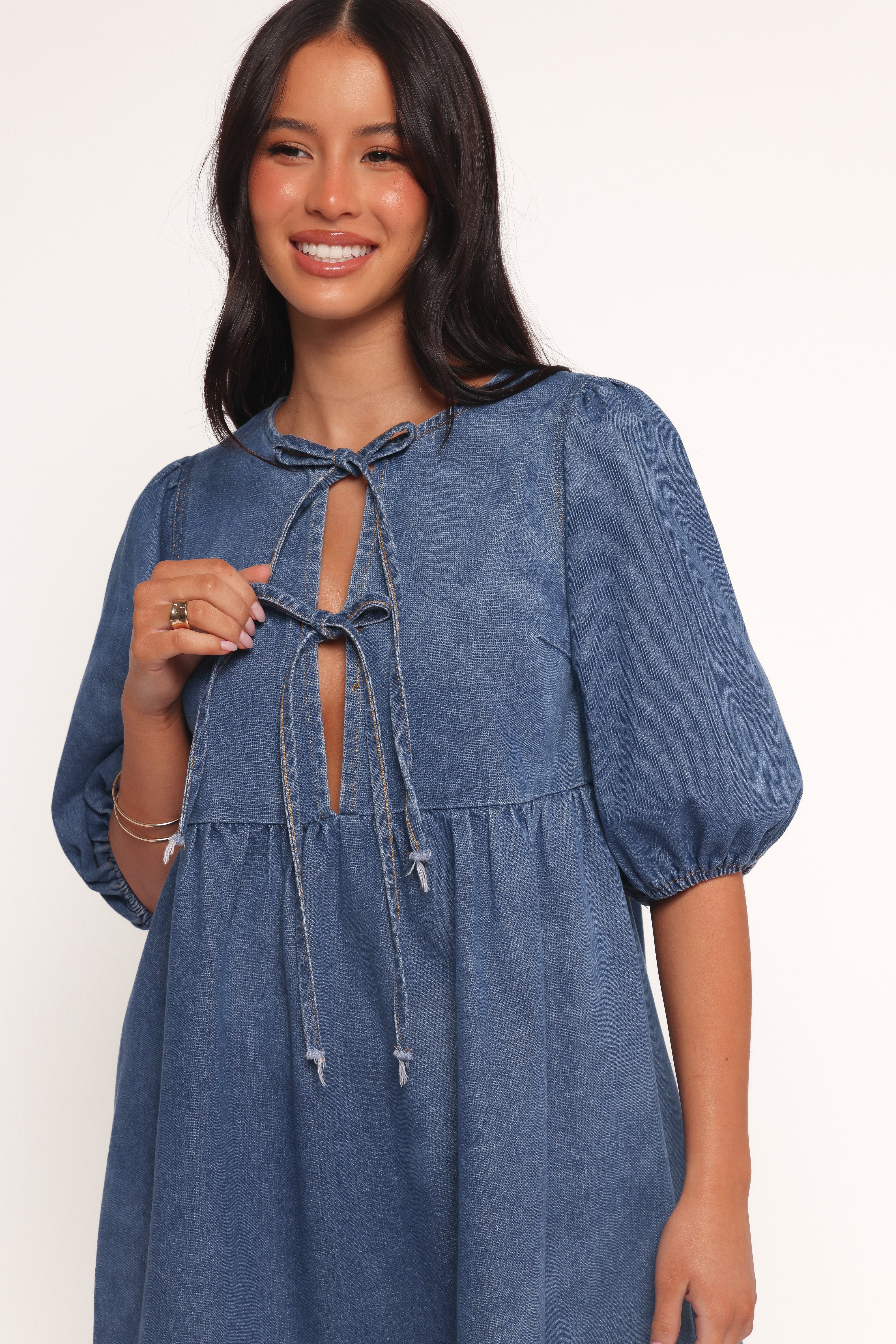 Romana Tie Front Mini Dress - Dark Denim