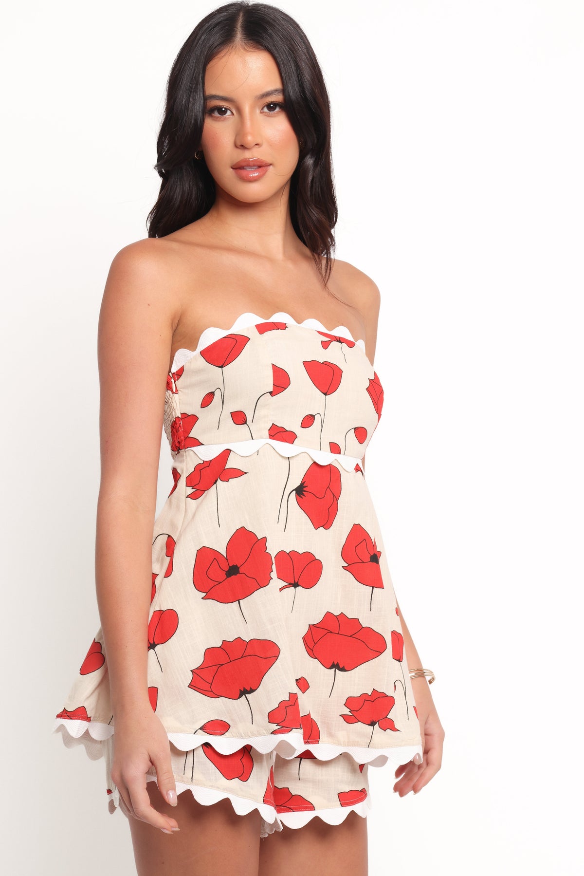 Romia Strapless Romper - Red Beige Poppy