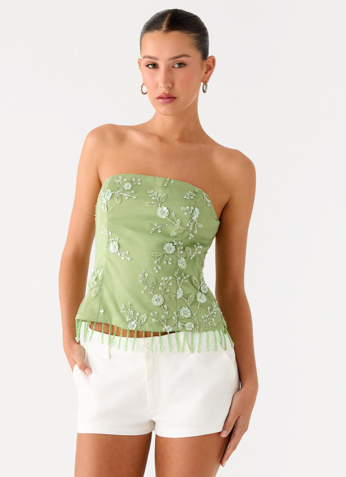 Sea Garden Beaded Strapless Top - Green