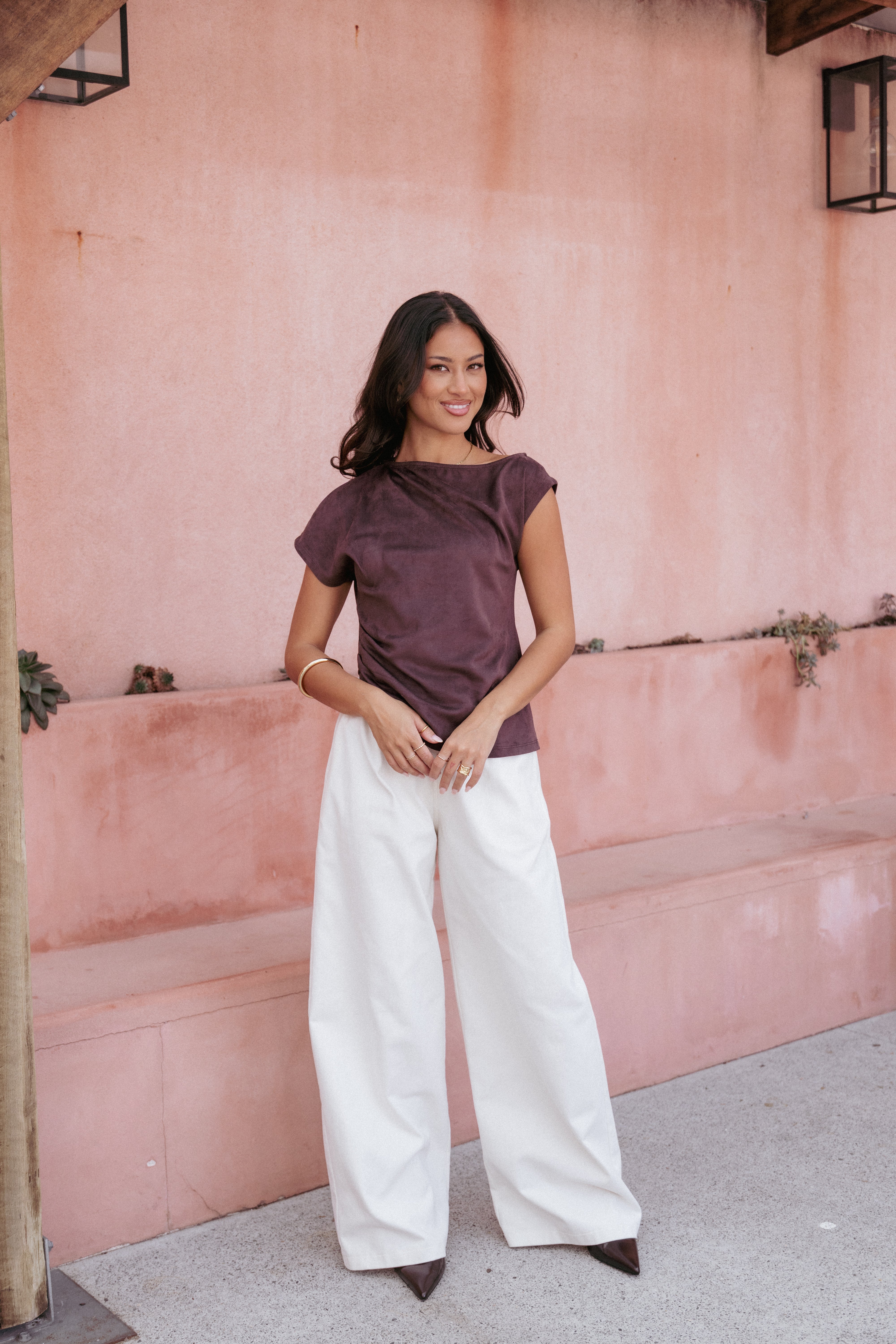 Vaila Suede Off Shoulder Top - Chocolate