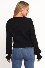 Zana Ribbed Ruffle Cuff Knit Sweater - Black