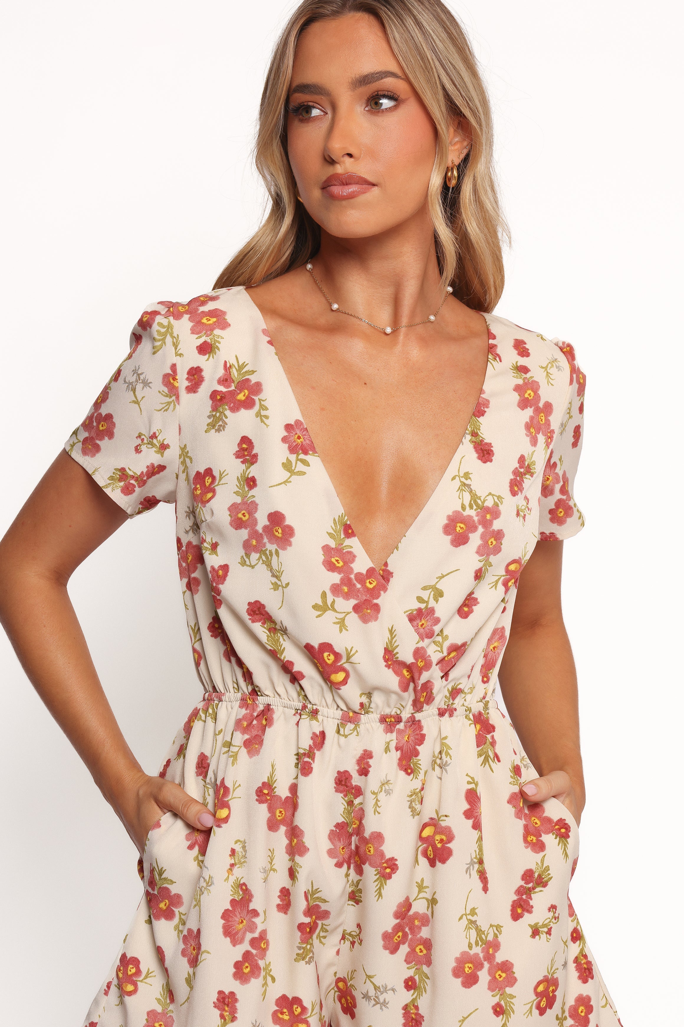 Zev Short Sleeve Romper - Ivory Floral