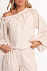 Zion Off Shoulder Long Sleeve Top - Tan Swirl