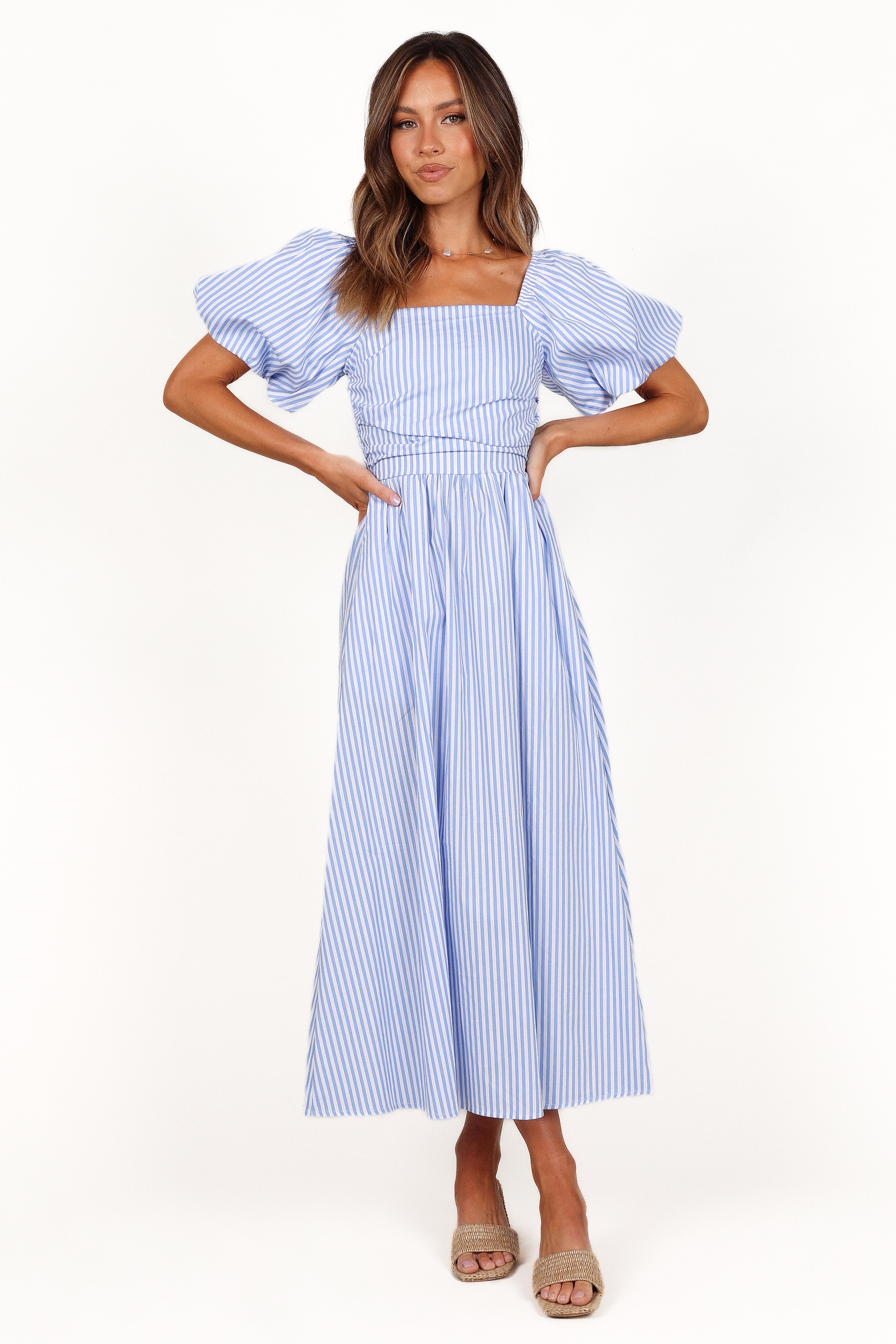 Clo Puff Sleeve Midi Dress - Blue Stripe