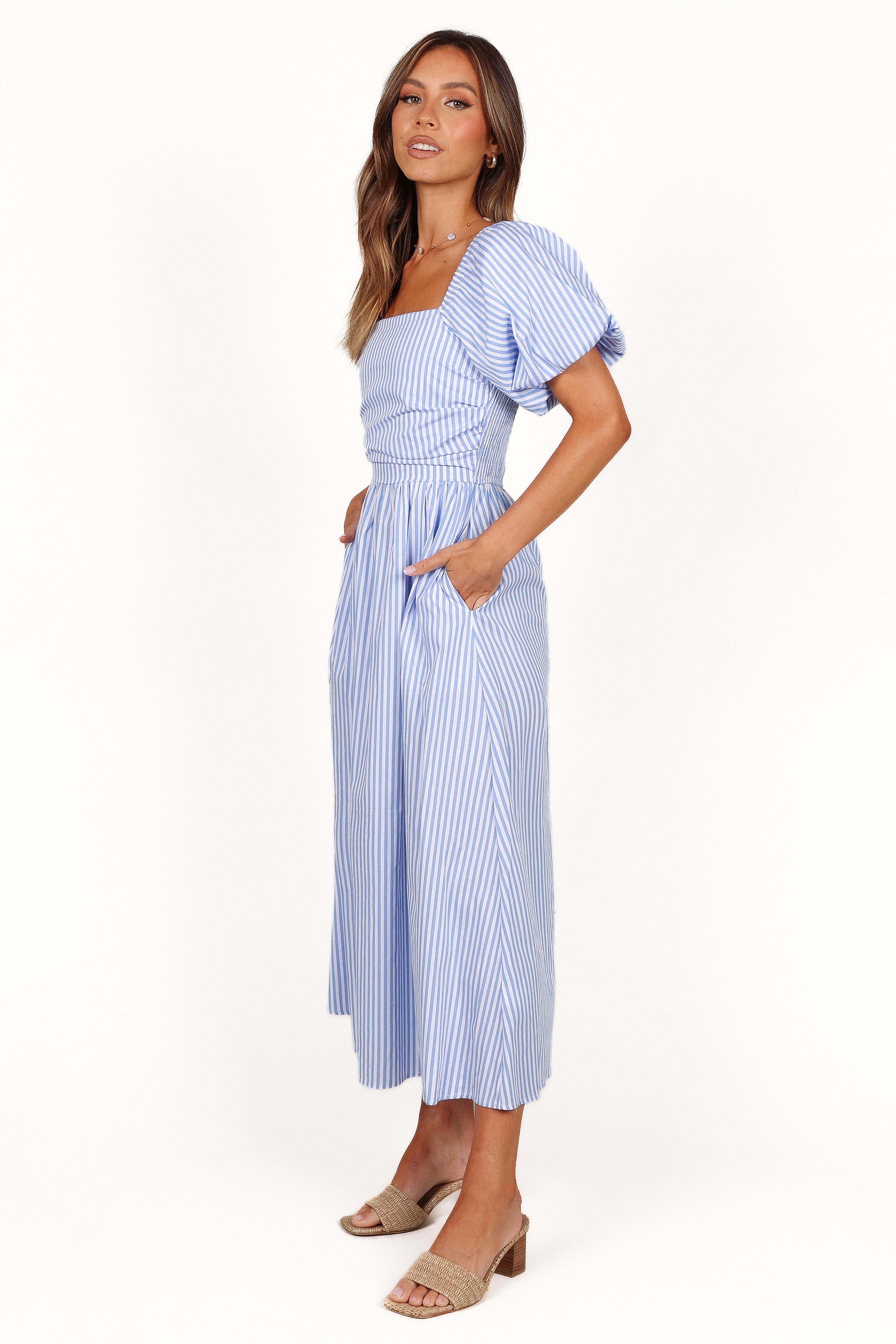 Clo Puff Sleeve Midi Dress - Blue Stripe
