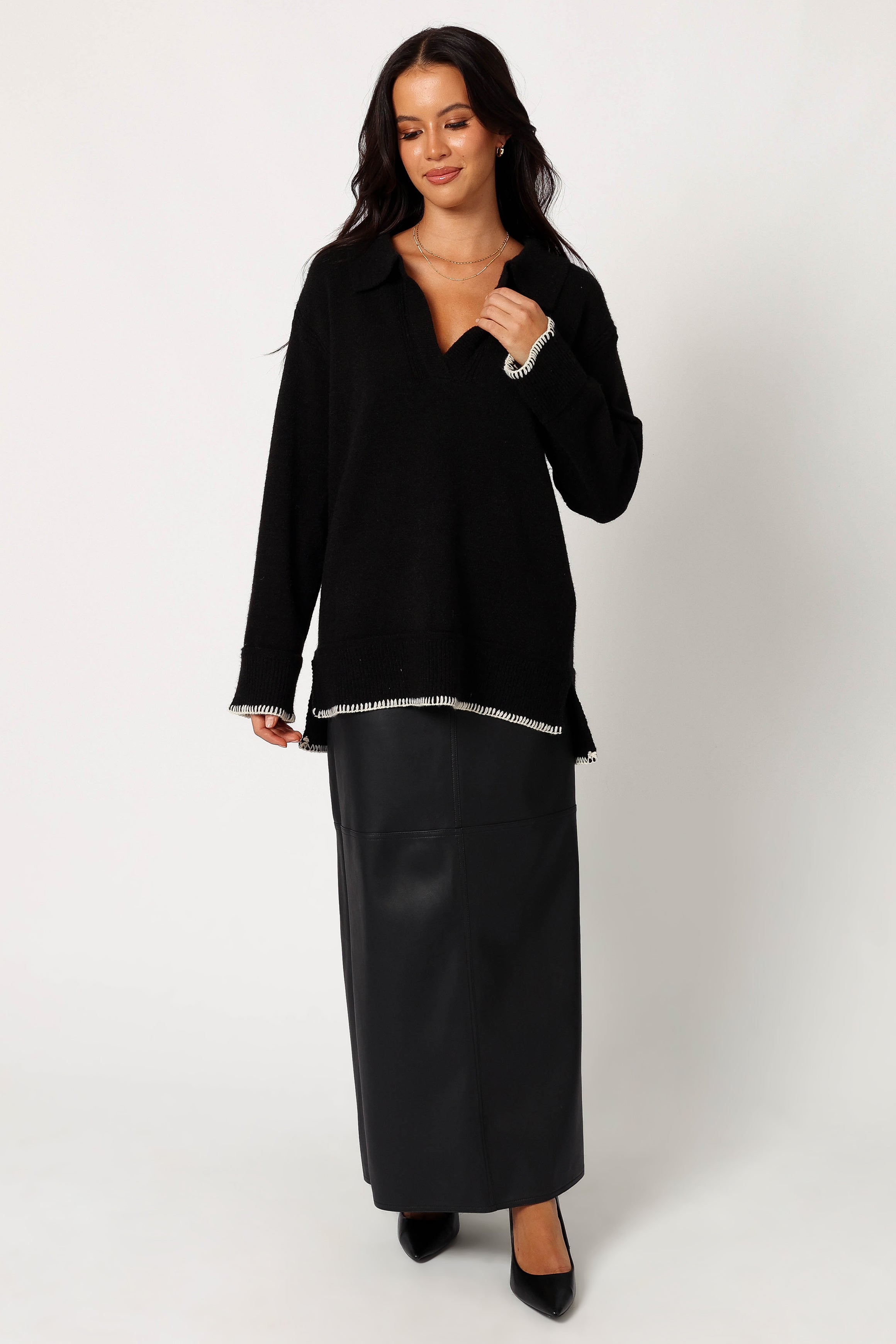 Elise Contrast Hem Knit Sweater - Black