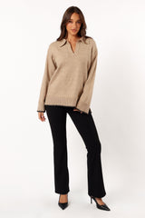 Elise Contrast Hem Knit Sweater - Taupe