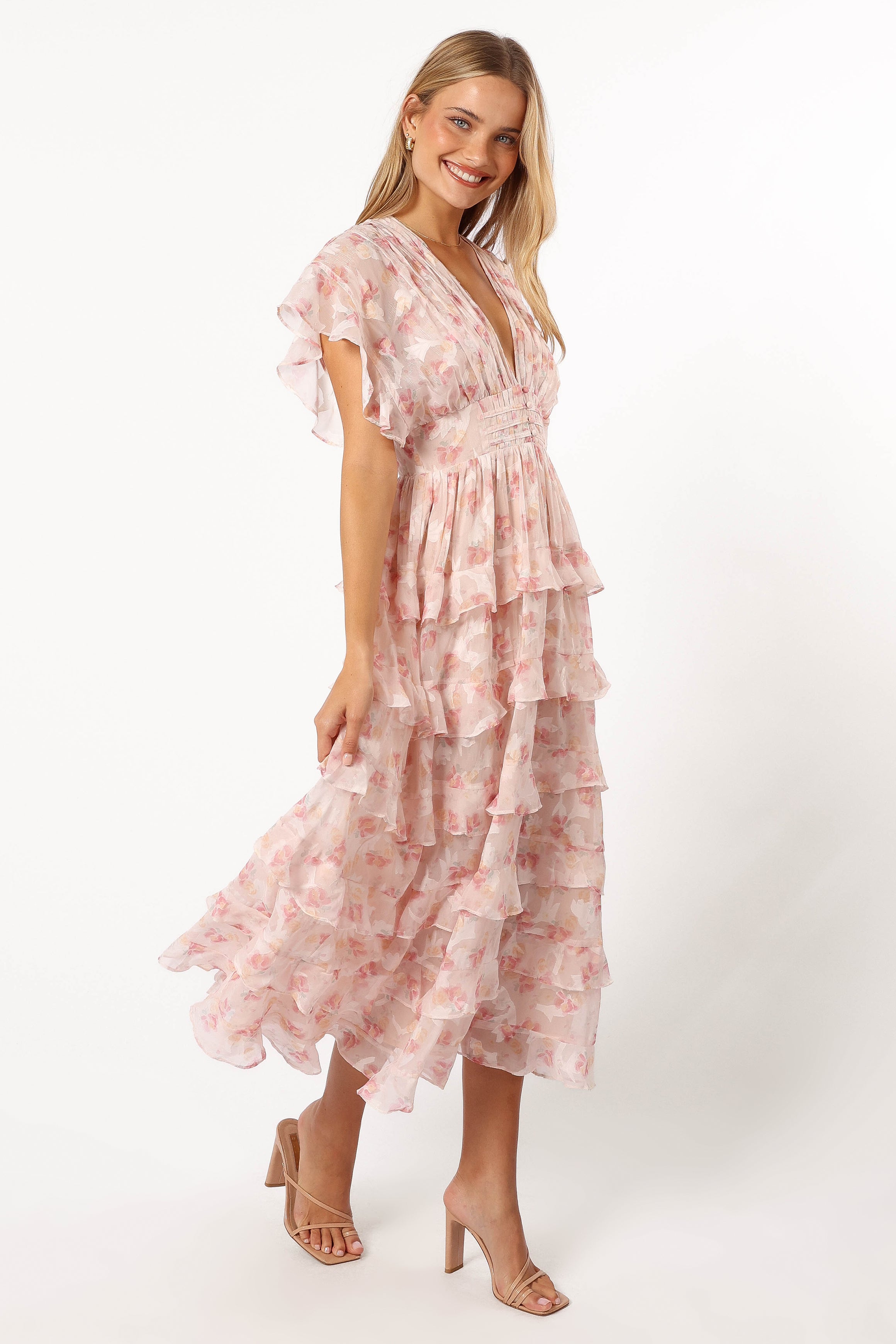 Daphne Ruffle Midi Dress - Pink Orange