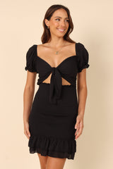Rosie Shirred Tie Front Mini Dress - Black