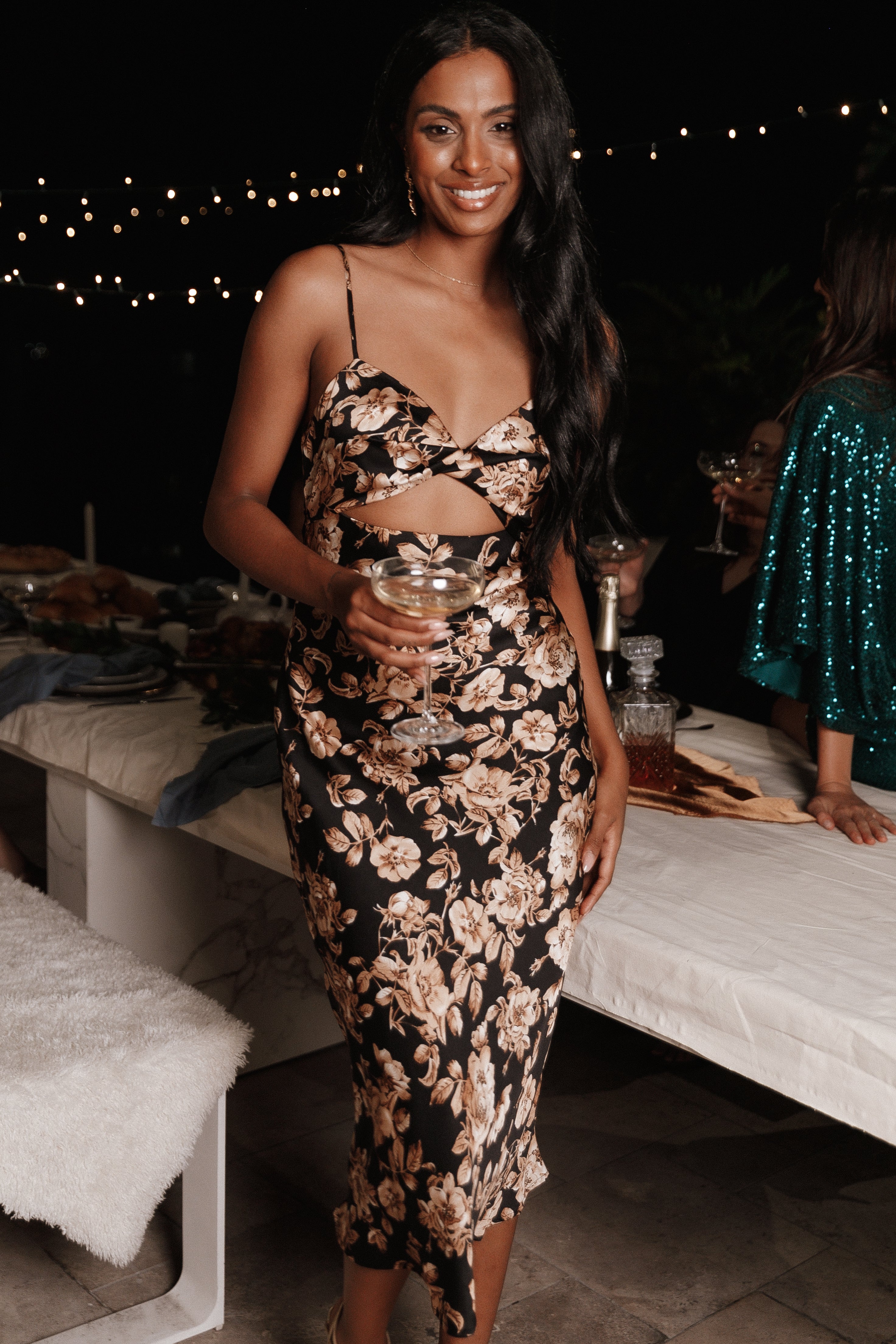 Saga Cut Out Midi Dress - Black Floral