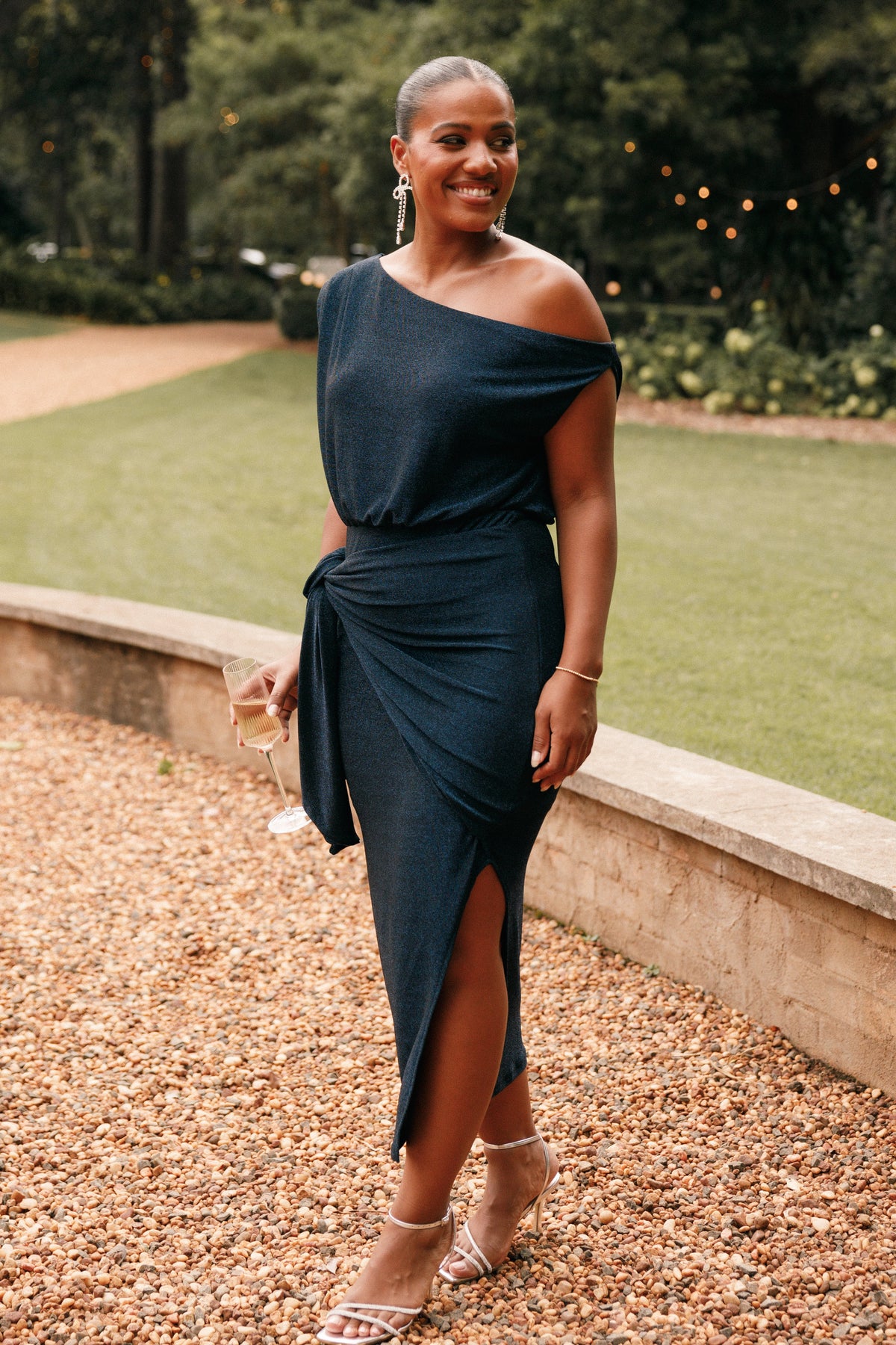 Santiago Off Shoulder Midi Dress - Navy