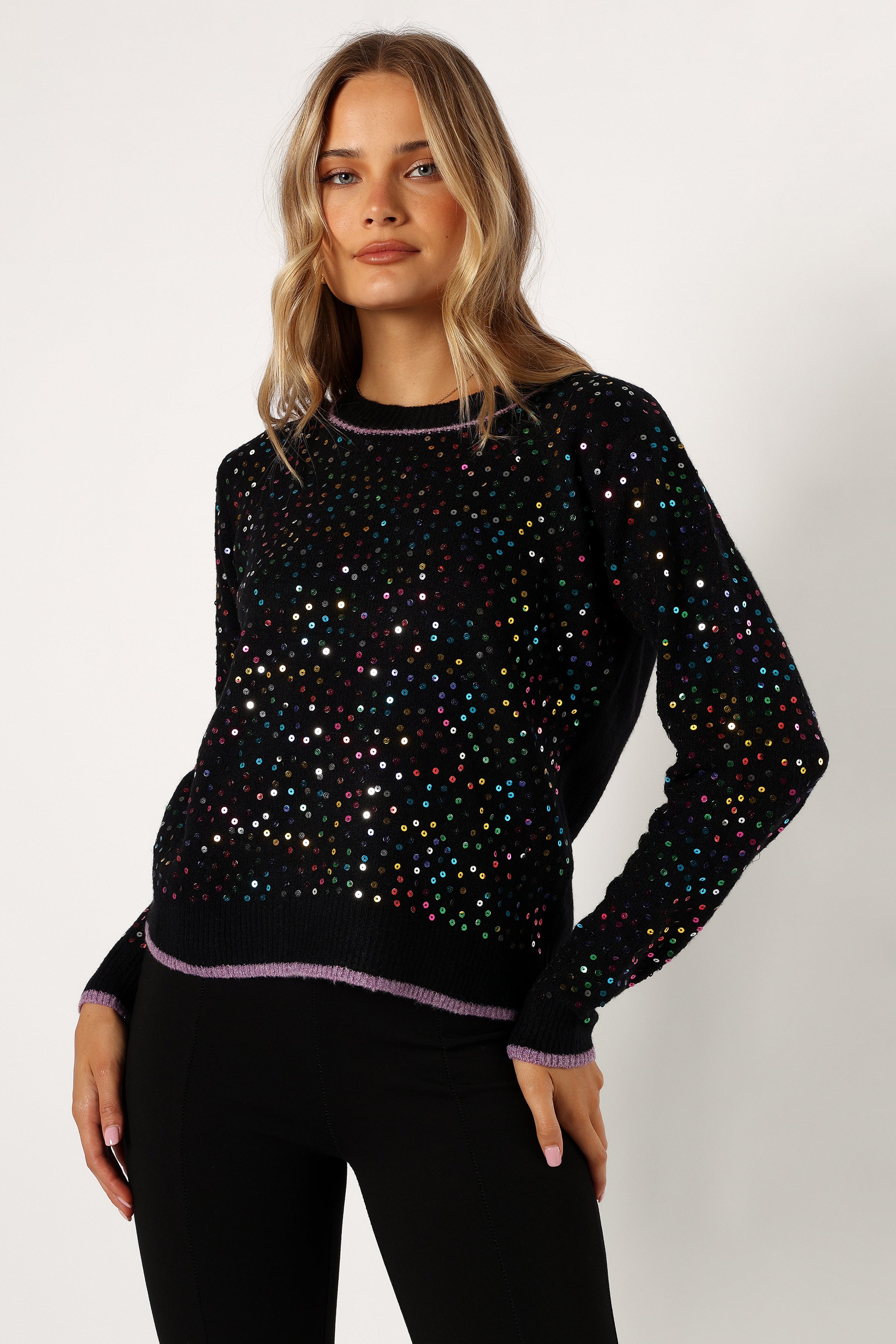 Ariella Sequin Embellished Knit Sweater - Black