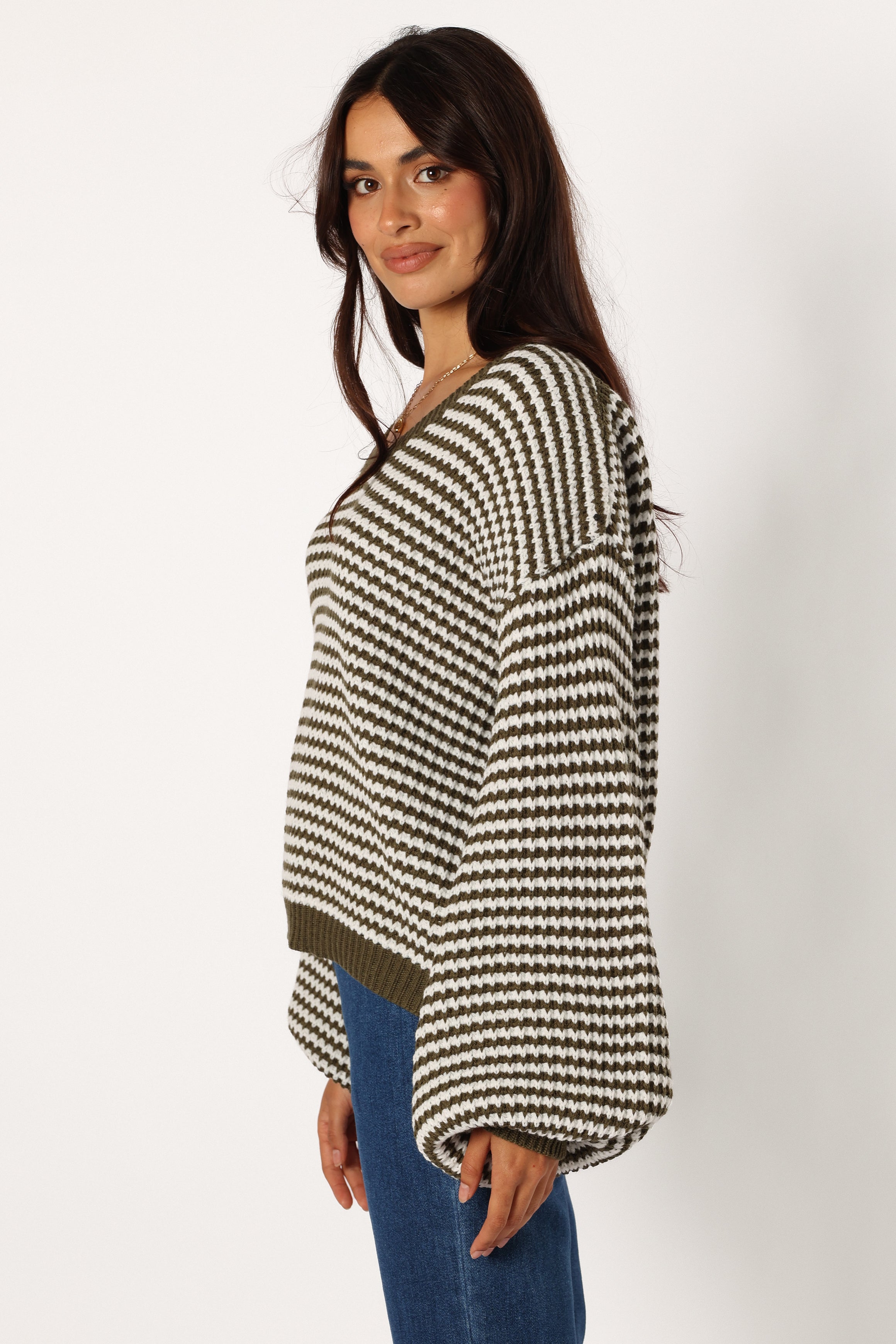 Becca Crewneck Waffle Stitch Stripe Knit Sweater - Olive