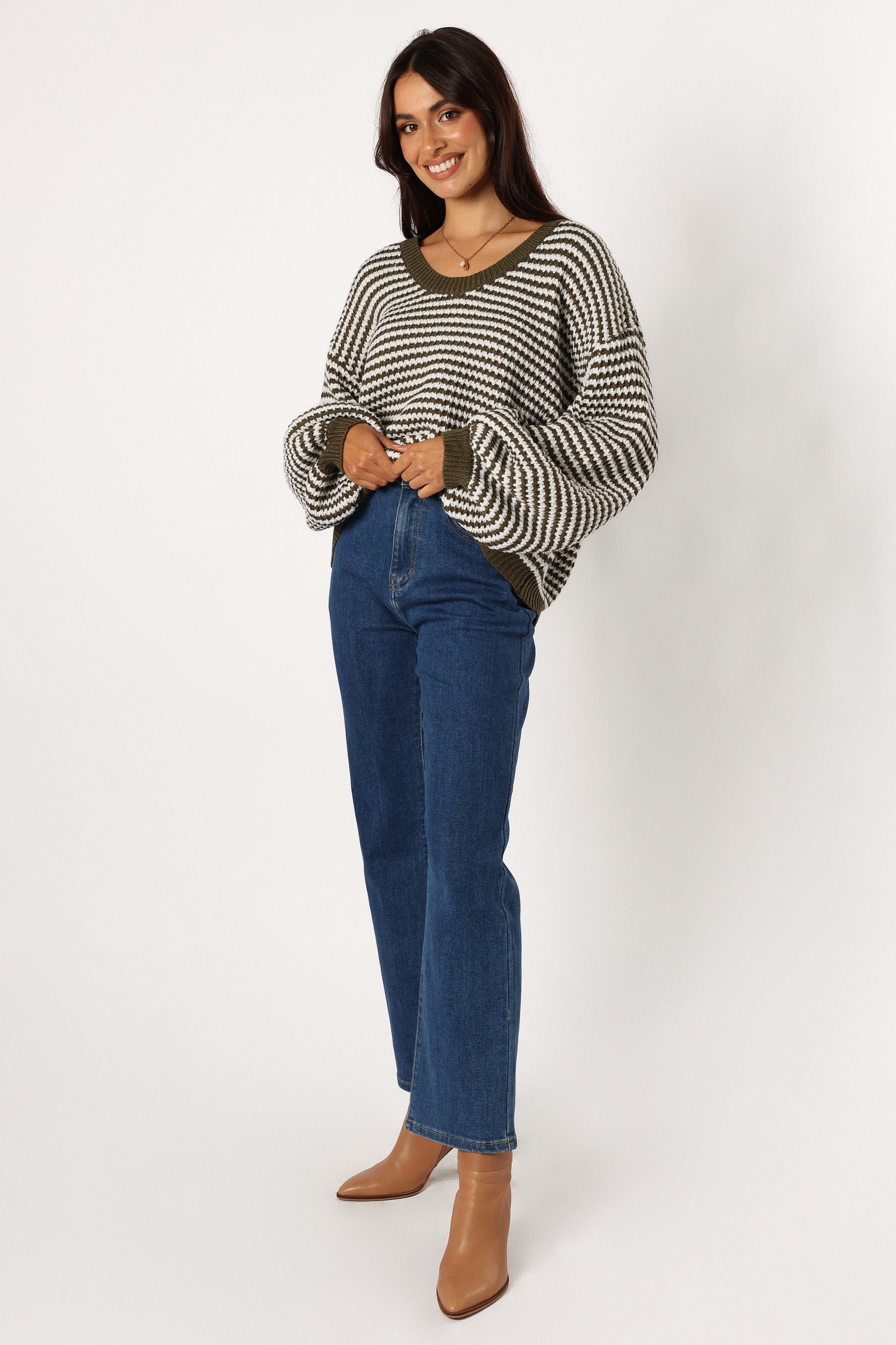 Becca Crewneck Waffle Stitch Stripe Knit Sweater - Olive