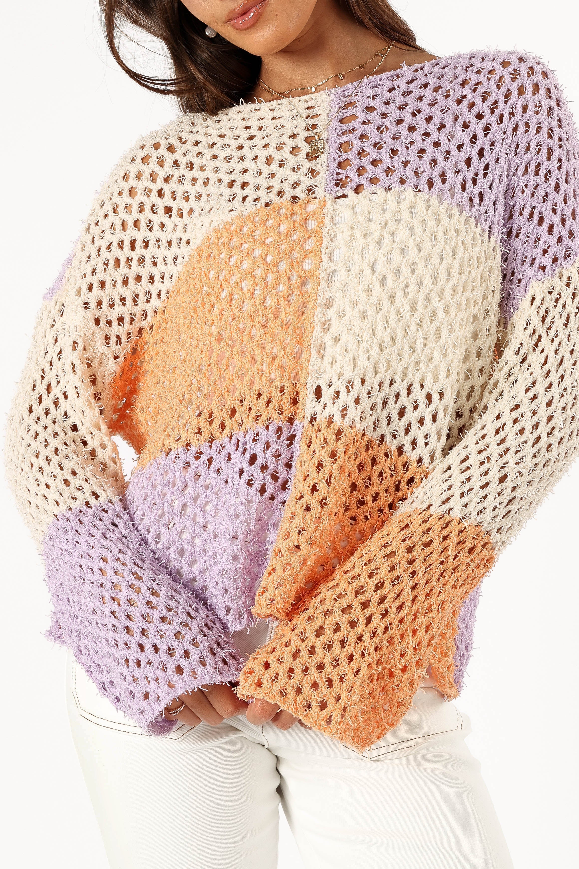 Dawn Color Block Knit Sweater - Cream Lavender