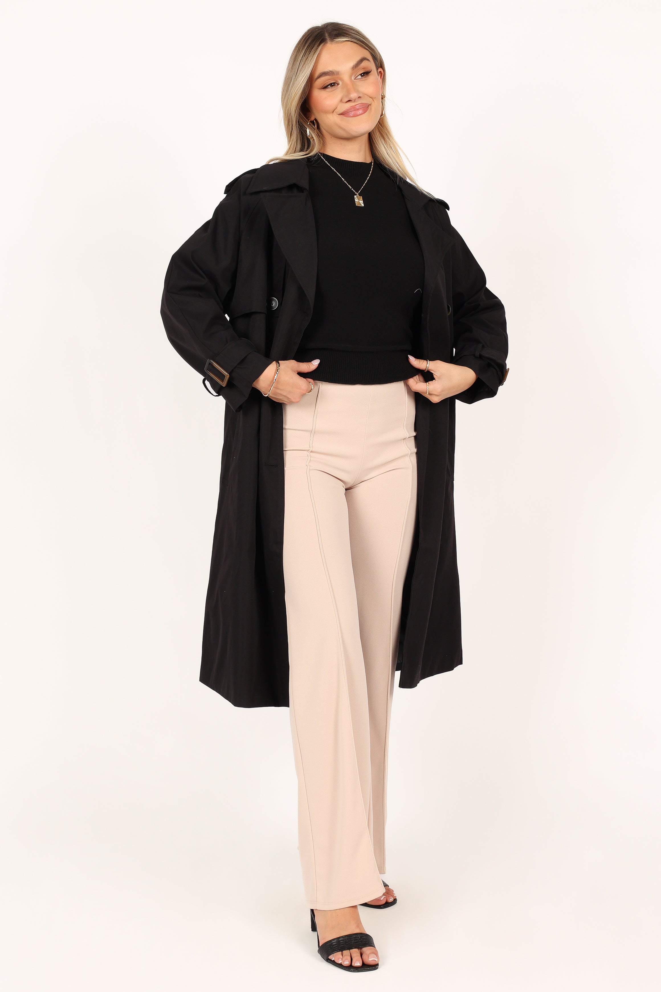 Trina Button Front Trench Coat - Black