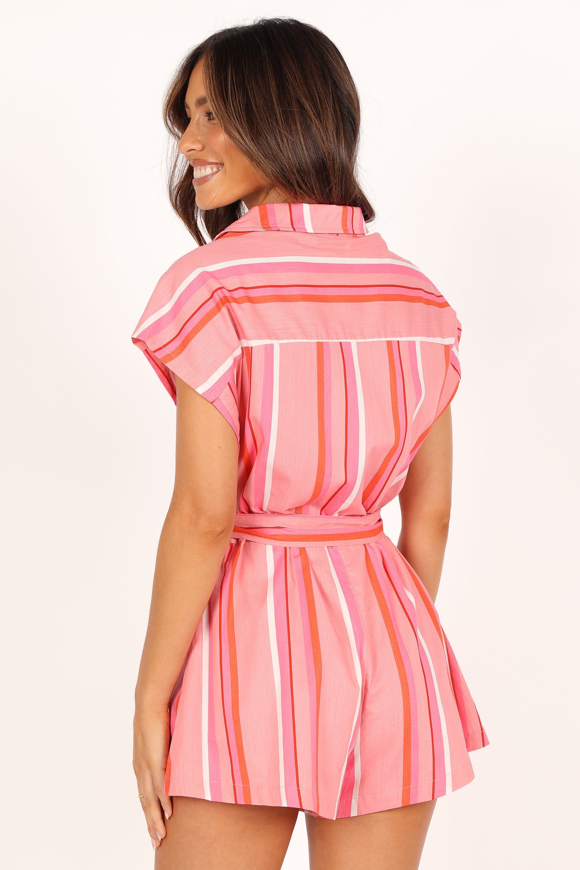 Addie Tie Waist Romper - Pink Stripe