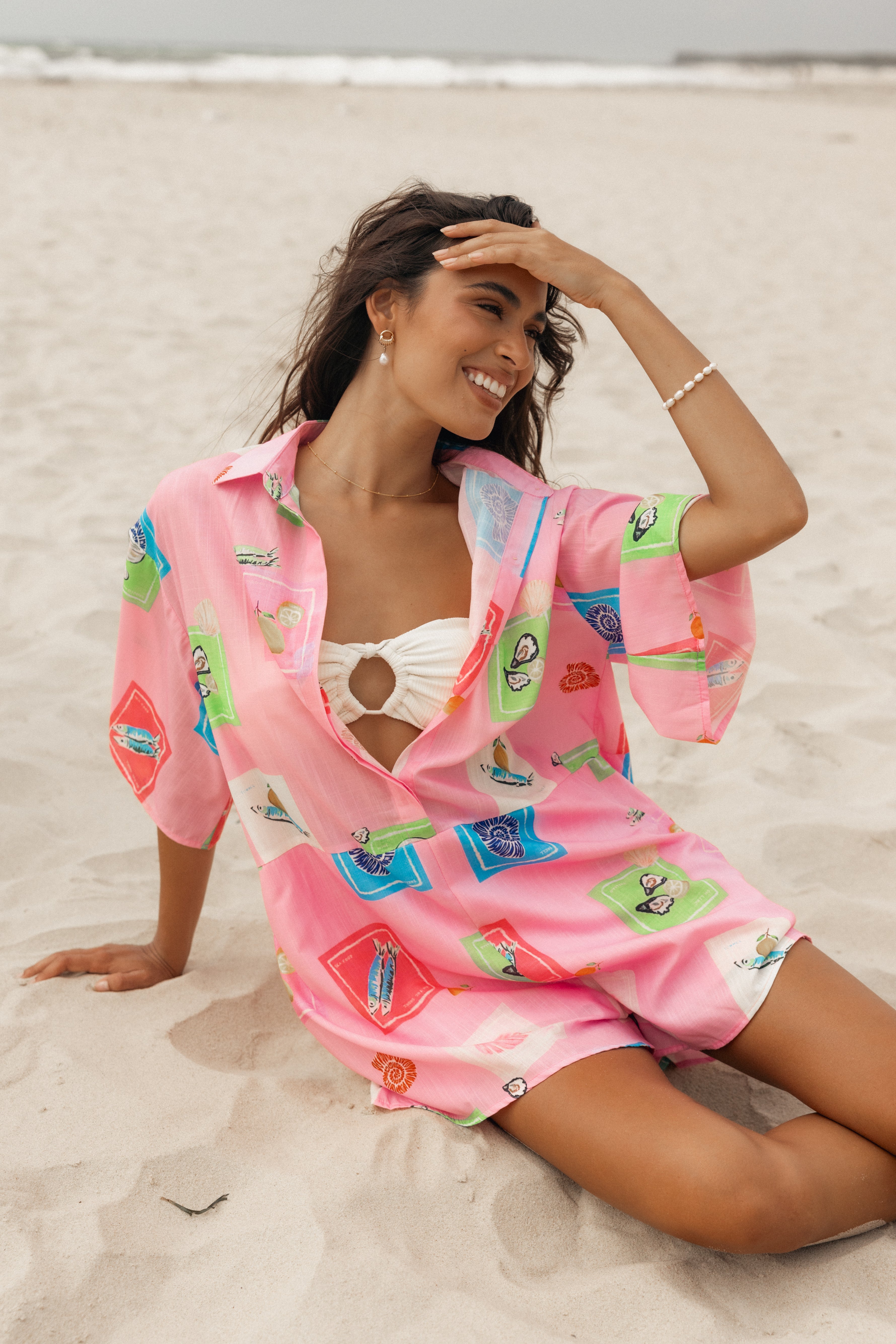 Kellie Romper - Pink Stamp Print